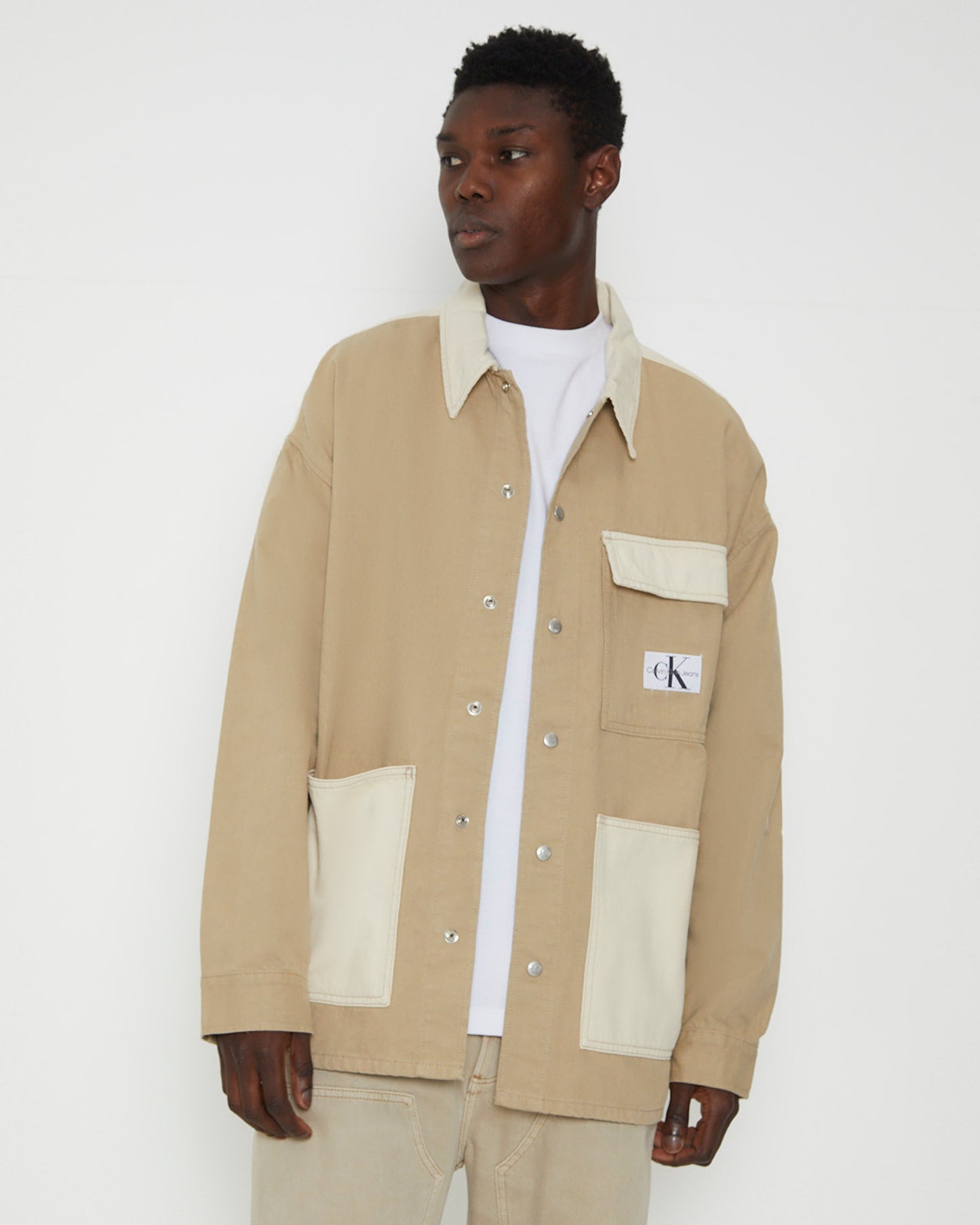 Oversized Utility Panel Denim Shirt Jacket in Neutral