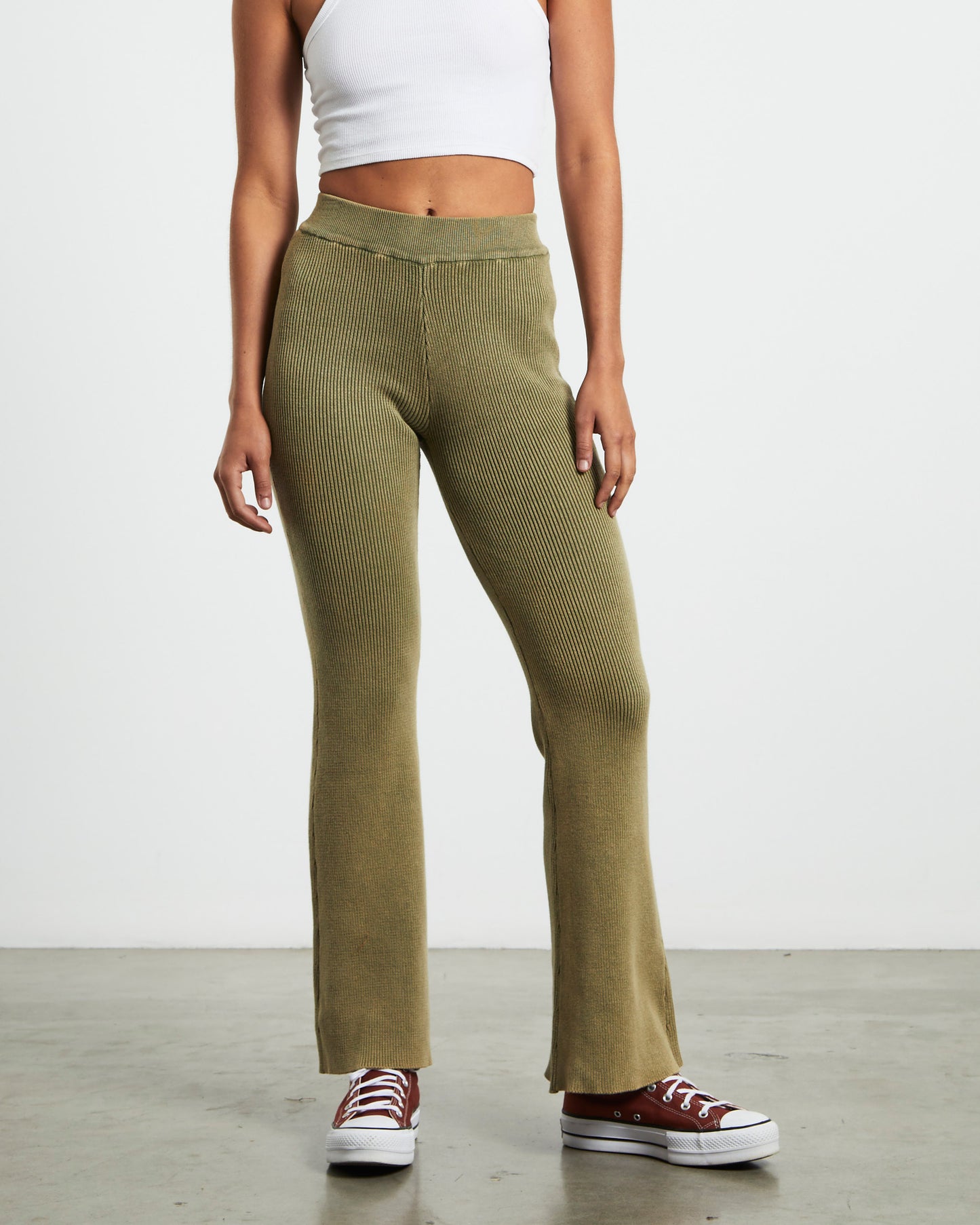 Angelique Acid Wash Rib Soft Flare Pant in Khaki