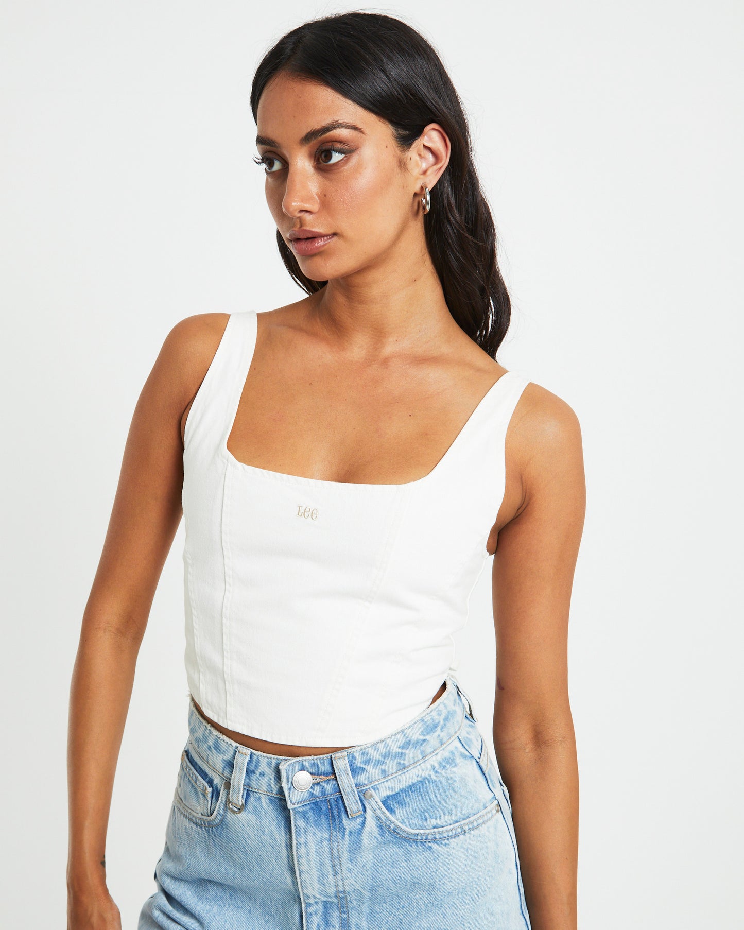Monique Denim Corset Top in Bleached White