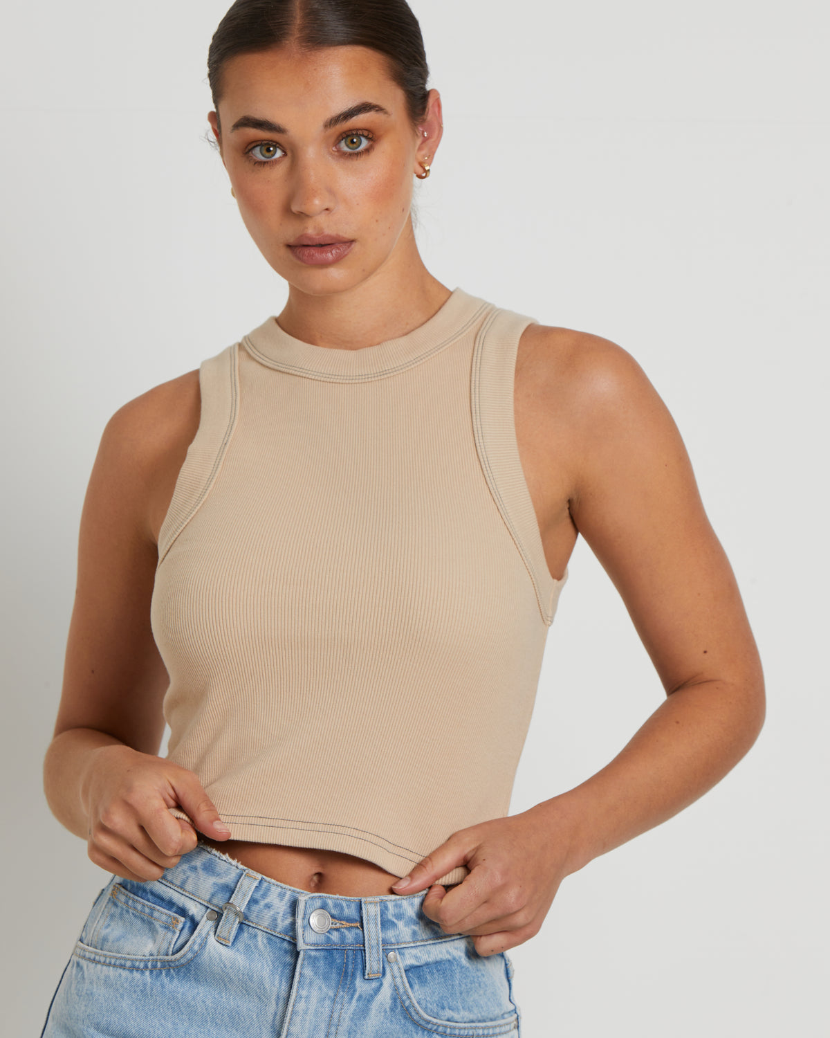 Jonesy Recut Rib Singlet in Bleached Sand NATURAL