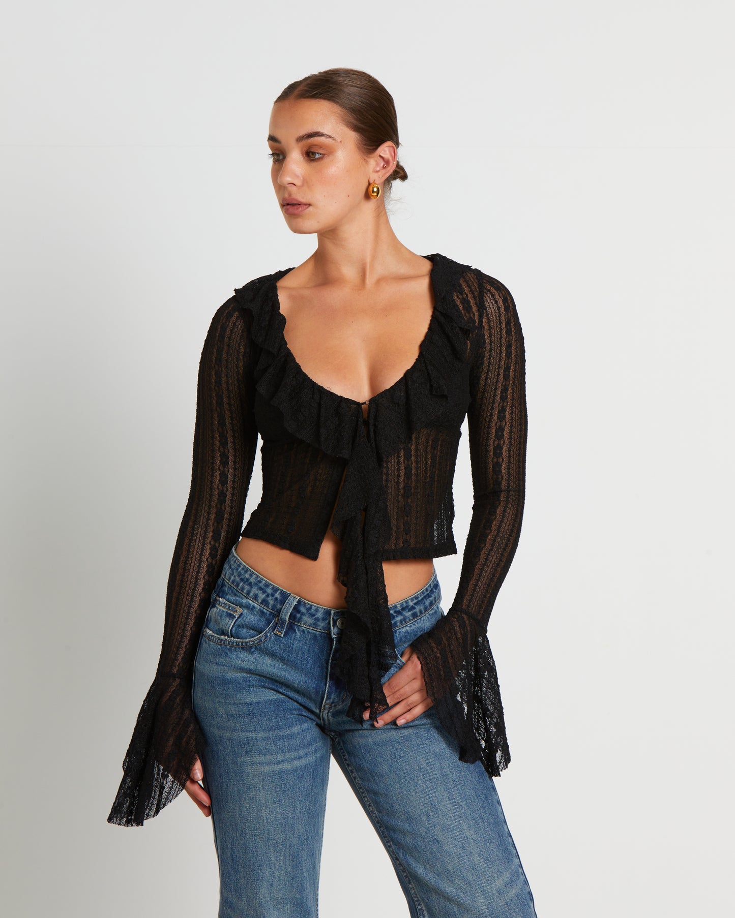 Janie Fairy Core Lace Plunge Shirt in Black
