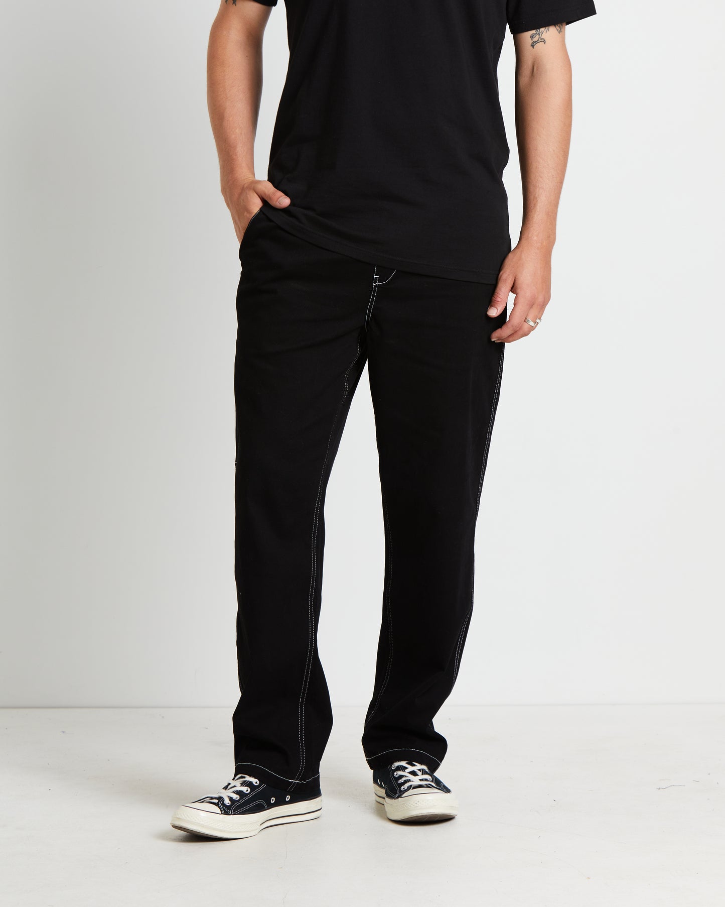 Contrast Stitch Carpenter Pants in Black