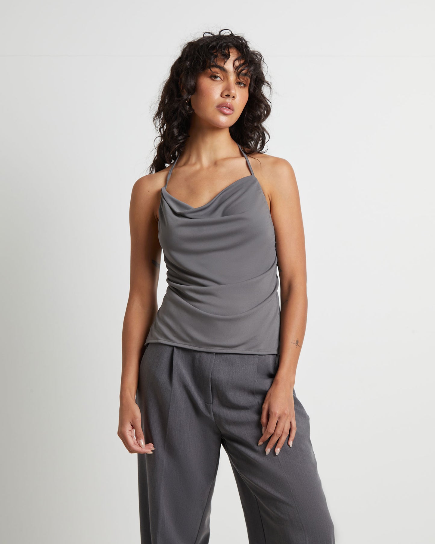 Frankie Slinky Cowl Neck Halter Top in Slate Grey