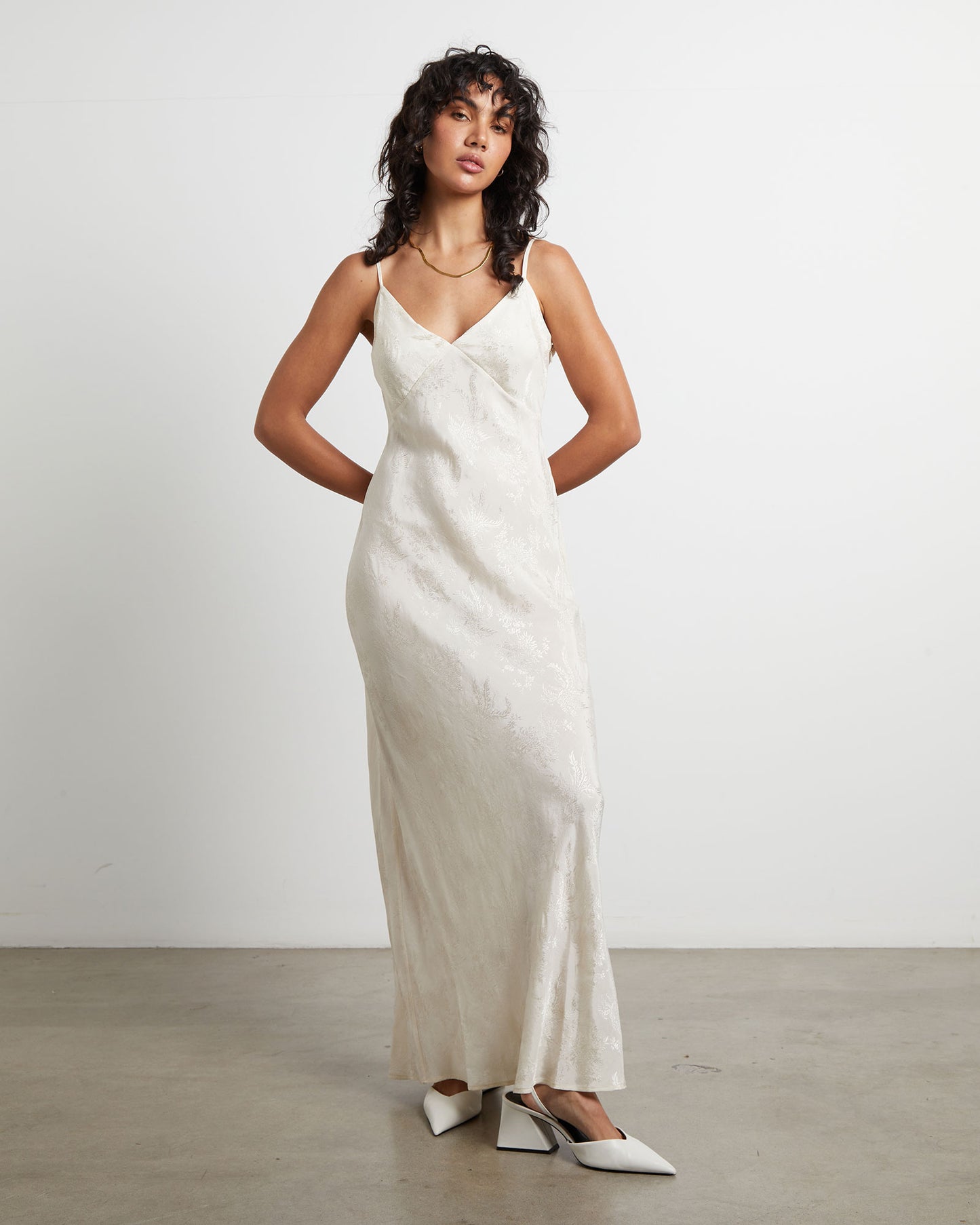 Ember Silky Jacquard Slip Maxi Dress in Butter