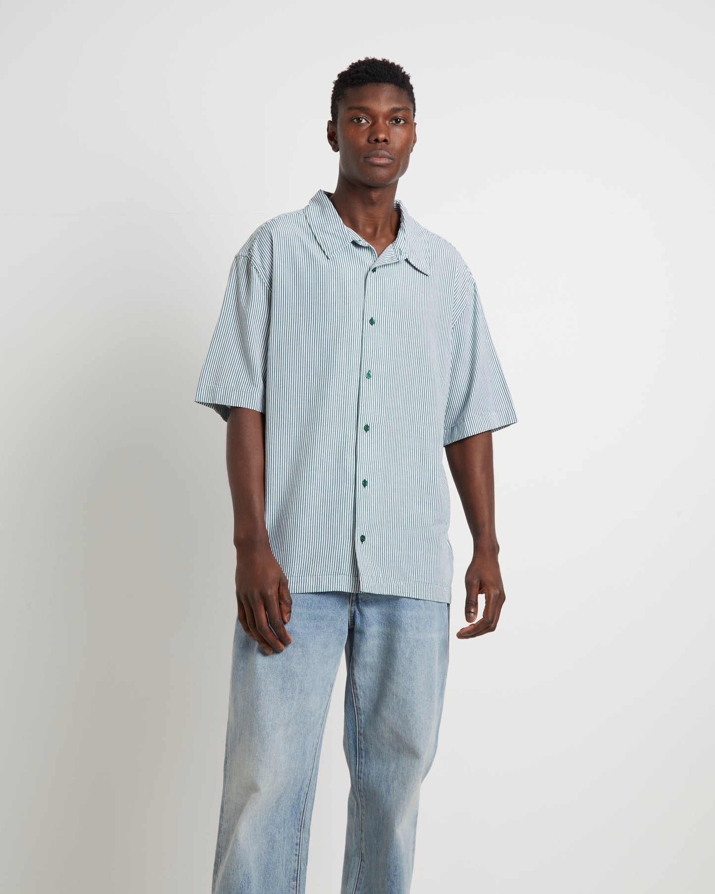 Intergalactic Cuban Short Sleeve Shirt in Emerald Stripe Green