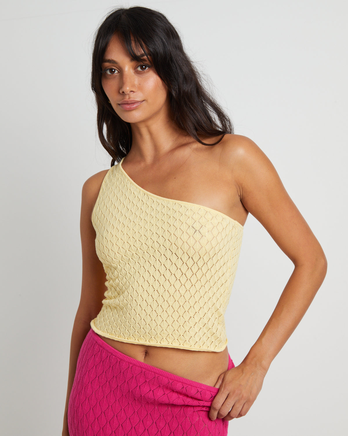 Kerby Crochet One Shoulder Top in Lemon LEMON
