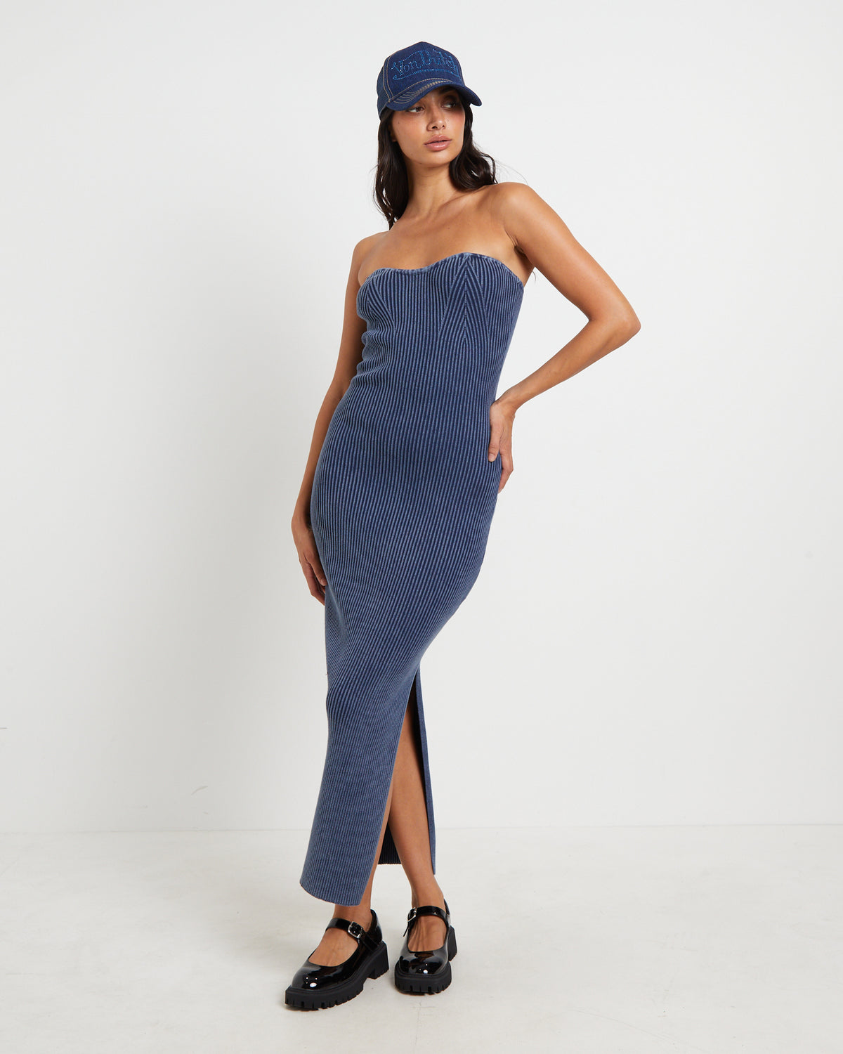 Kiah Acid Rib Knit Bandeau Midi Dress in Blue BLUE