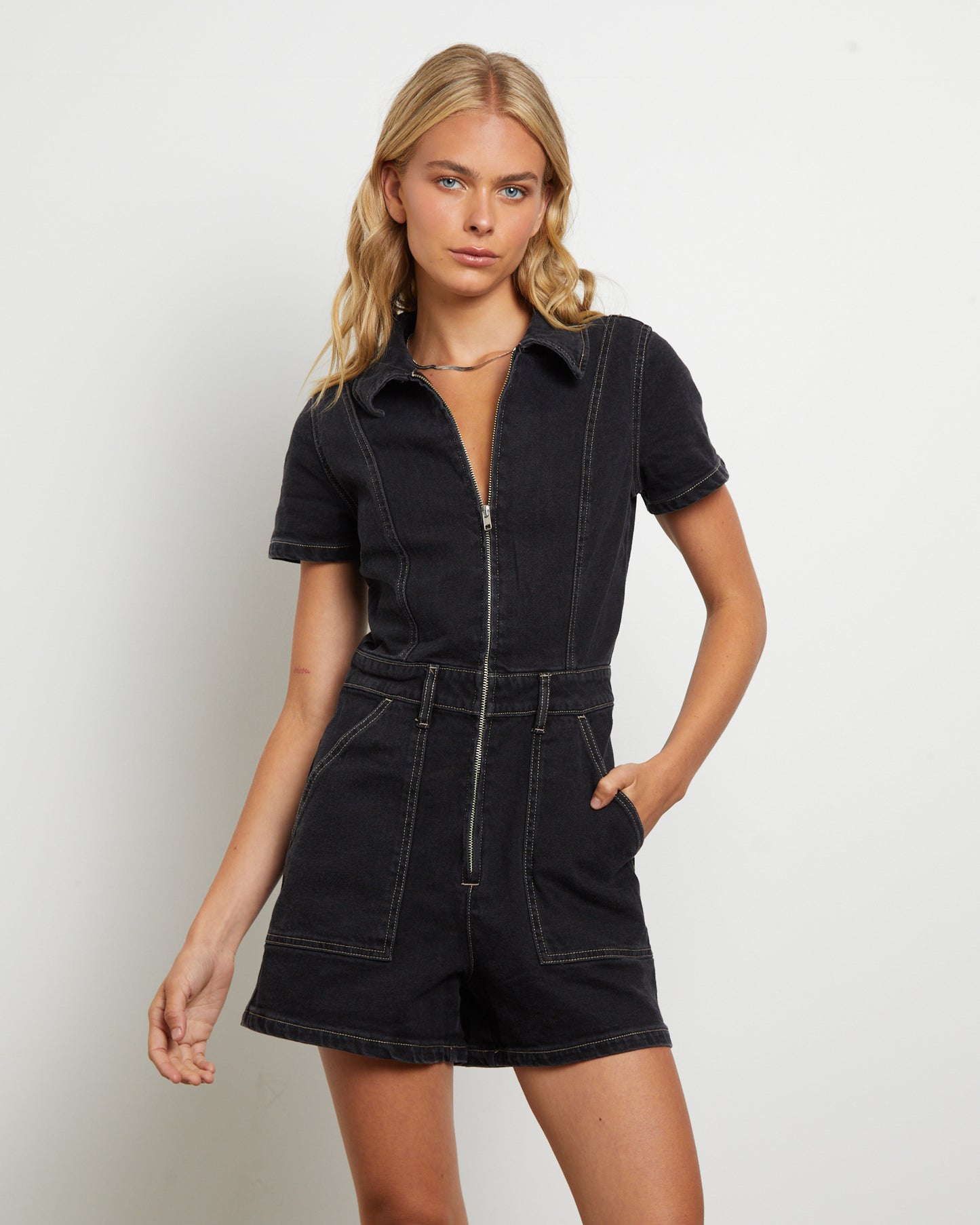 Georgia Denim Romper in Hollaback Black
