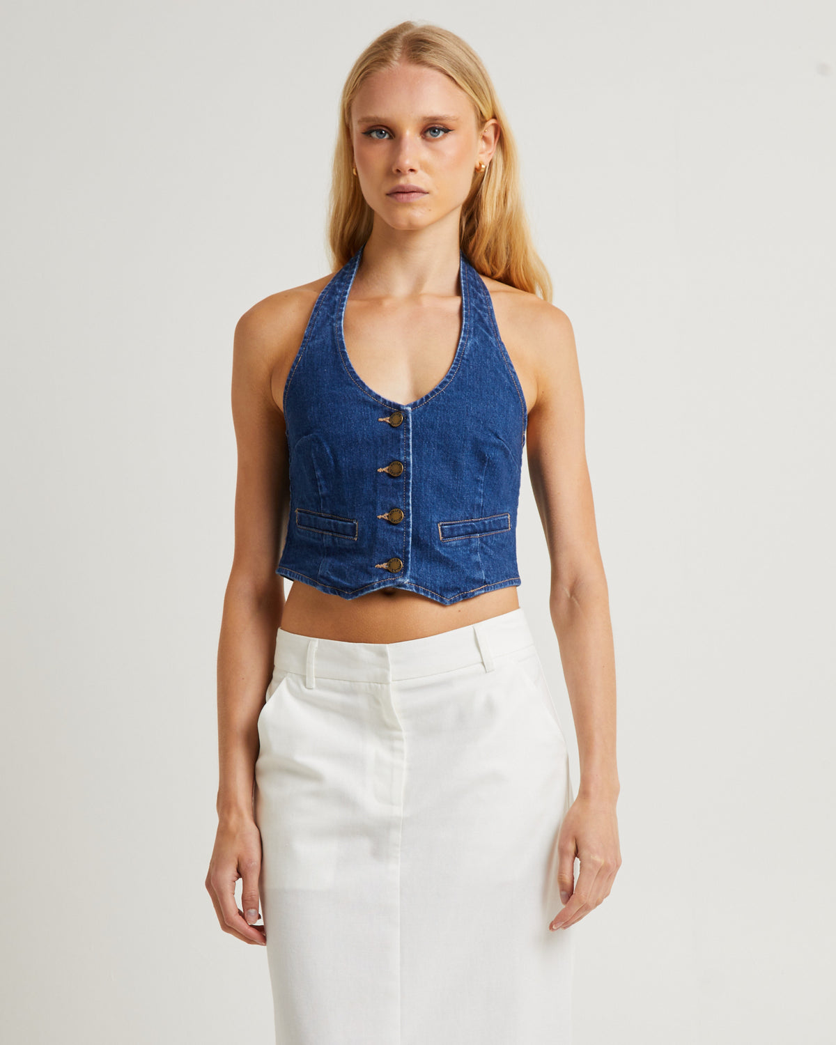 Halter Denim Vest Stone Organic MID VINTAGE BLUE