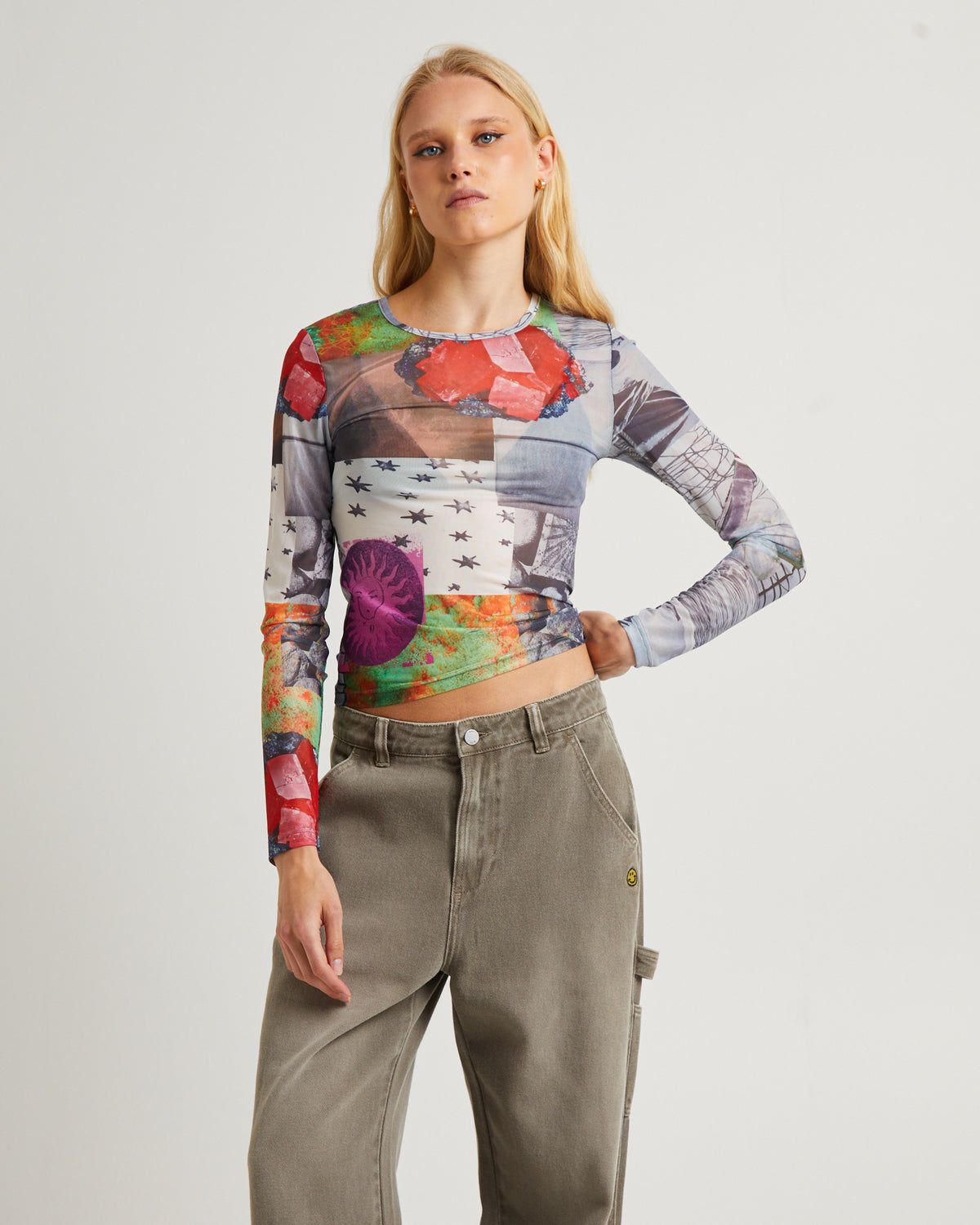 Primavera Long Sleeve Mesh Top WHITE MULTI