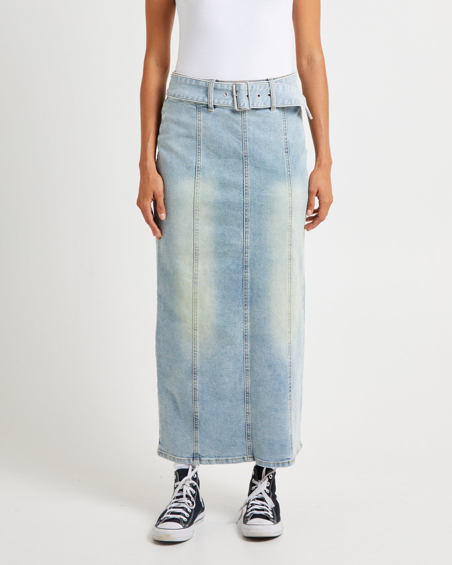 Kaya Low Belted Denim Maxi Skirt