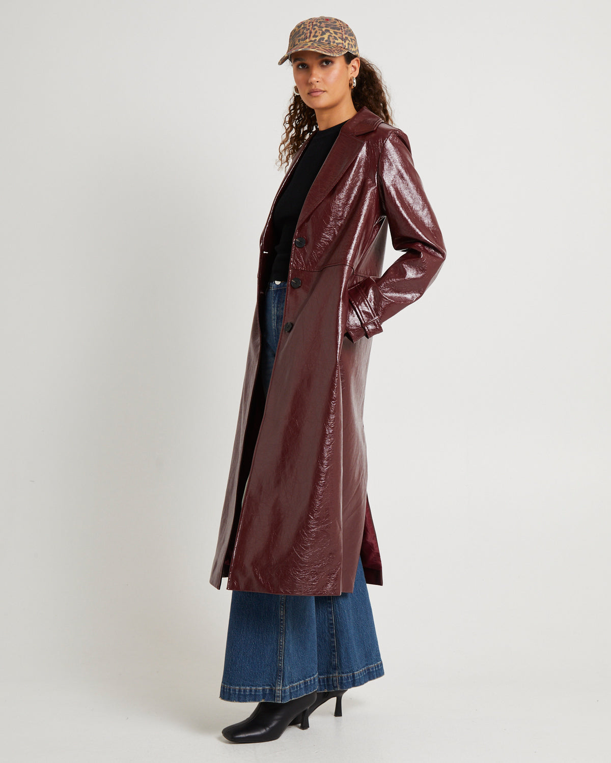 Aubrey Leather Look Longline Coat PLUM