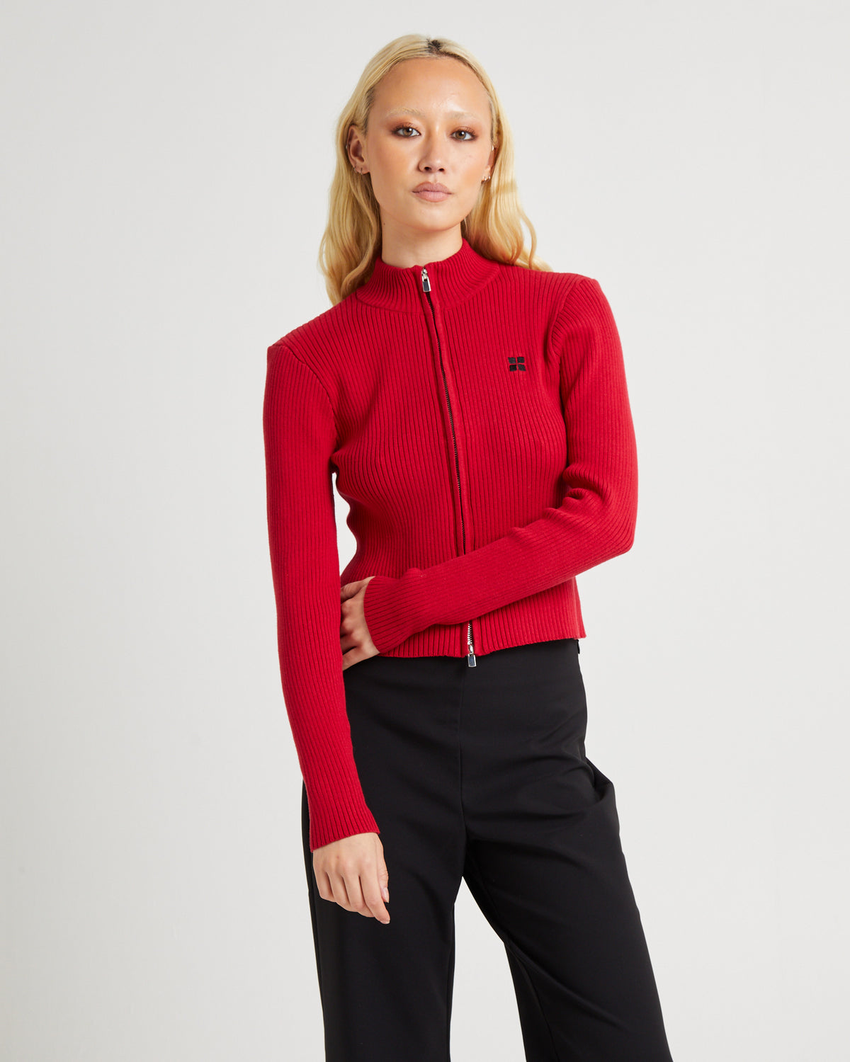 Iggy Zip Rib Knit Long Sleeve Top RED