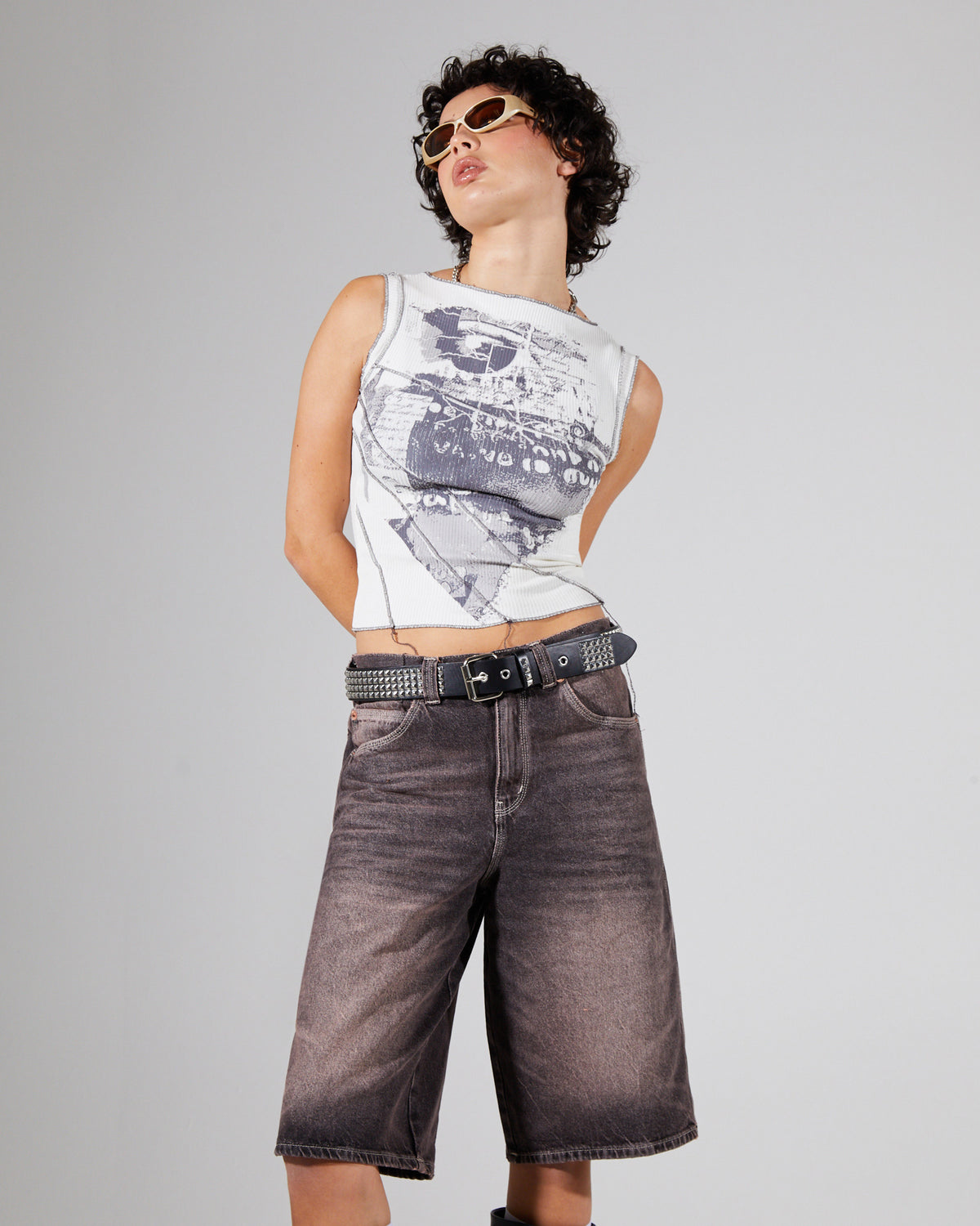 Print Splice Rib Tank Top ECRU