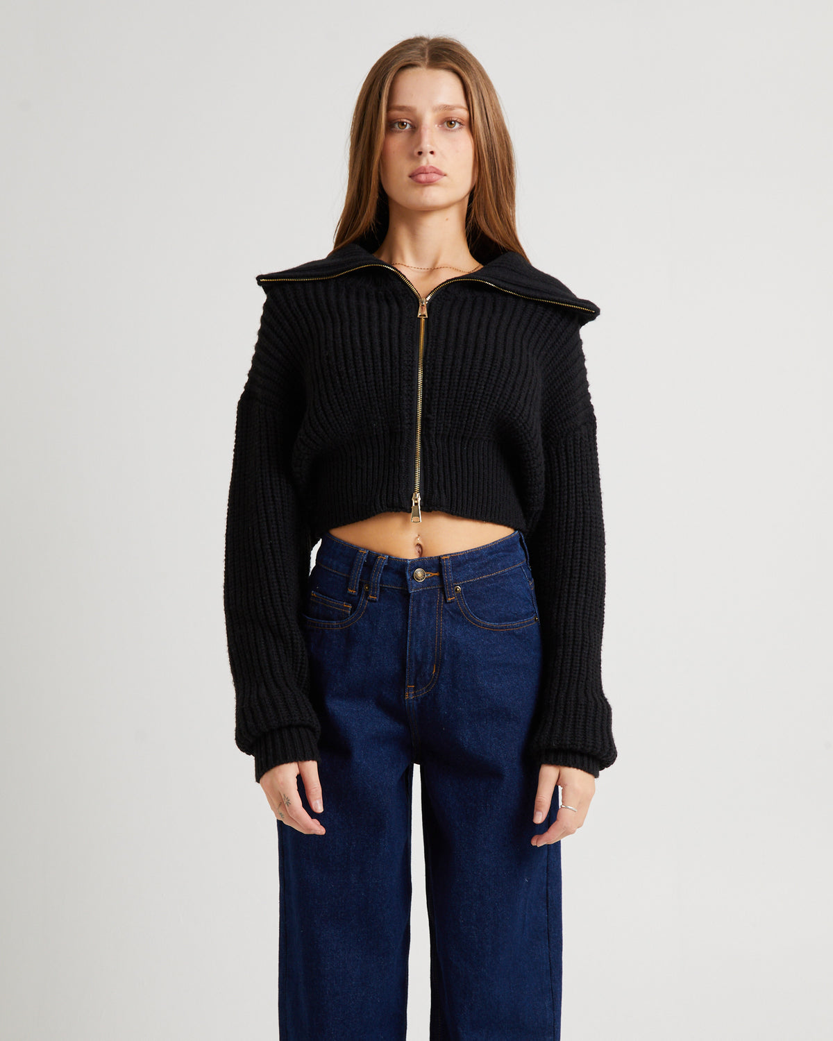 Simmy Double Zip Knit Top BLACK