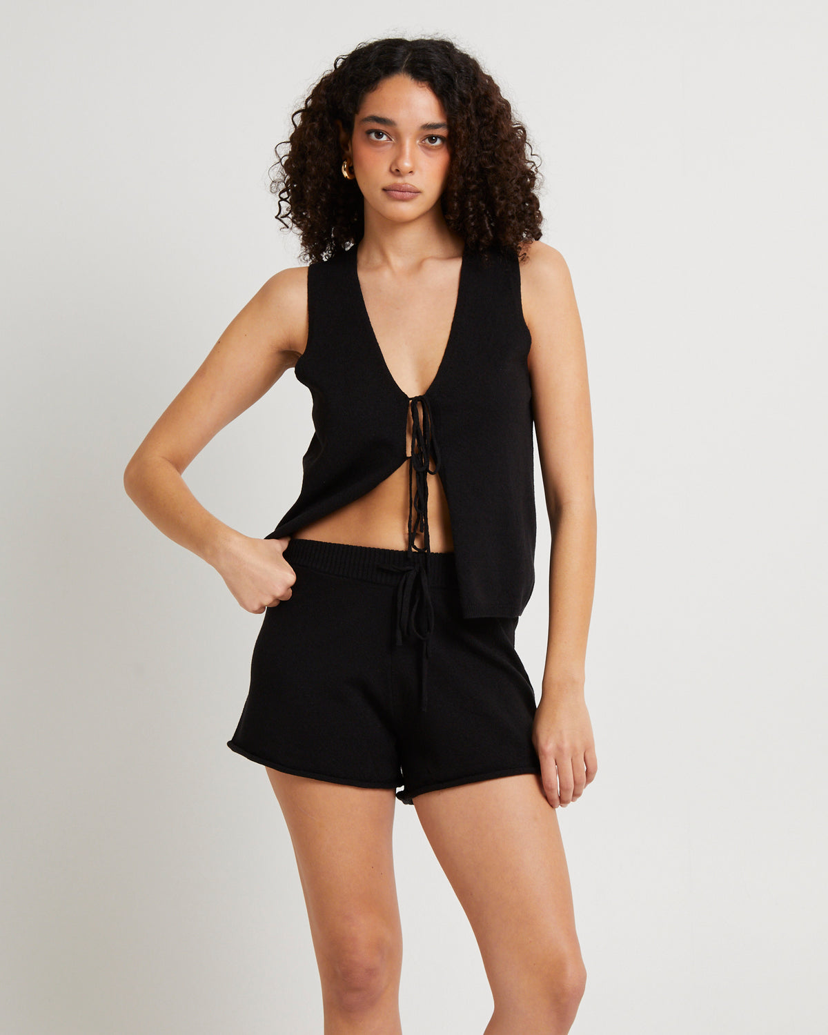 Libby Tie Front Knit Top BLACK
