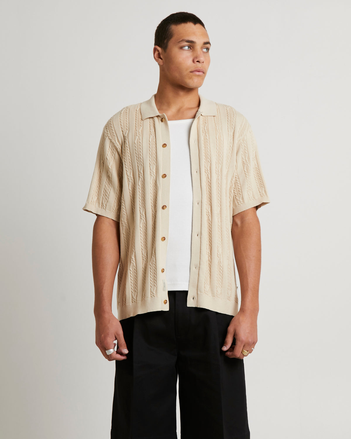 Santis Short Sleeve Cable Knit Shirt OAT