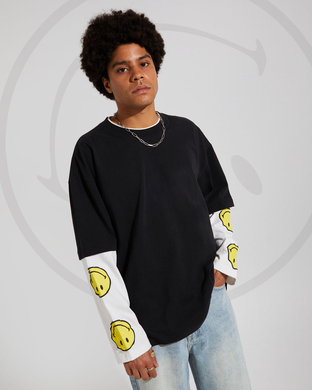 Insight x Smiley Beam Double Layer Long Sleeve T-Shirt BLACK