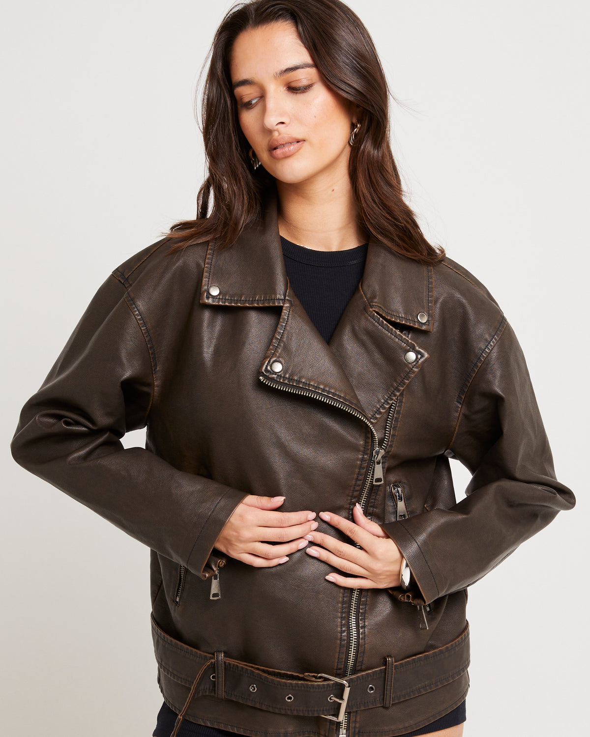 Ines Distressed Biker Jacket LIGHT BROWN