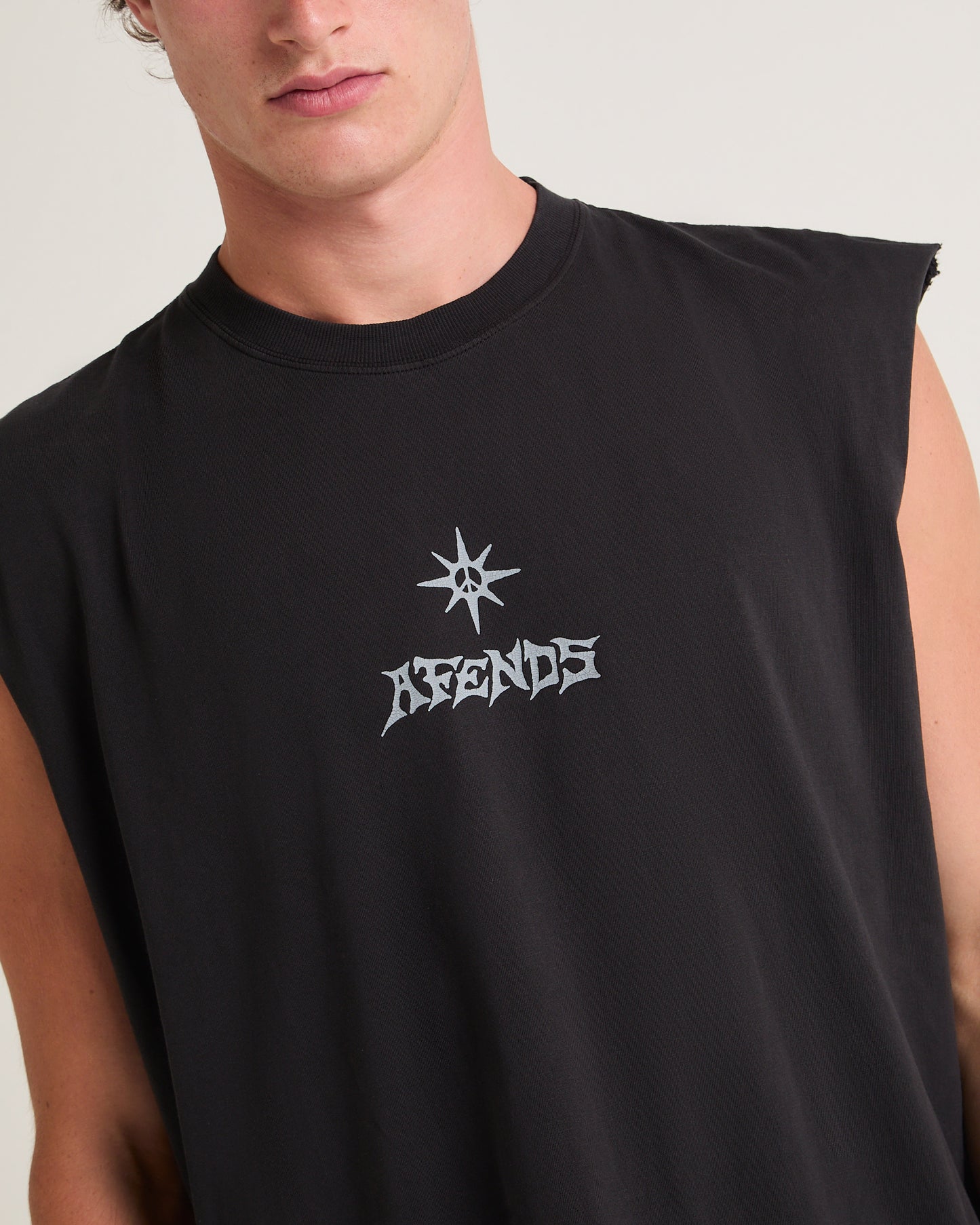 Peace Out Sleevless T-Shirt in Stone Black