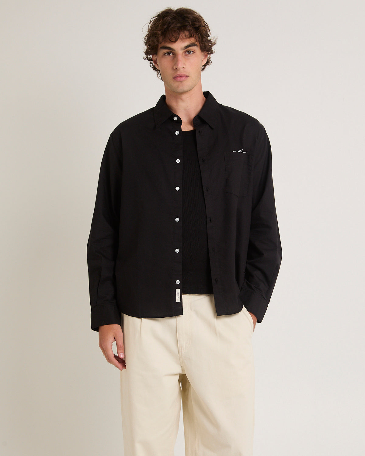 Script Oxford Long Sleeve Shirt BLACK