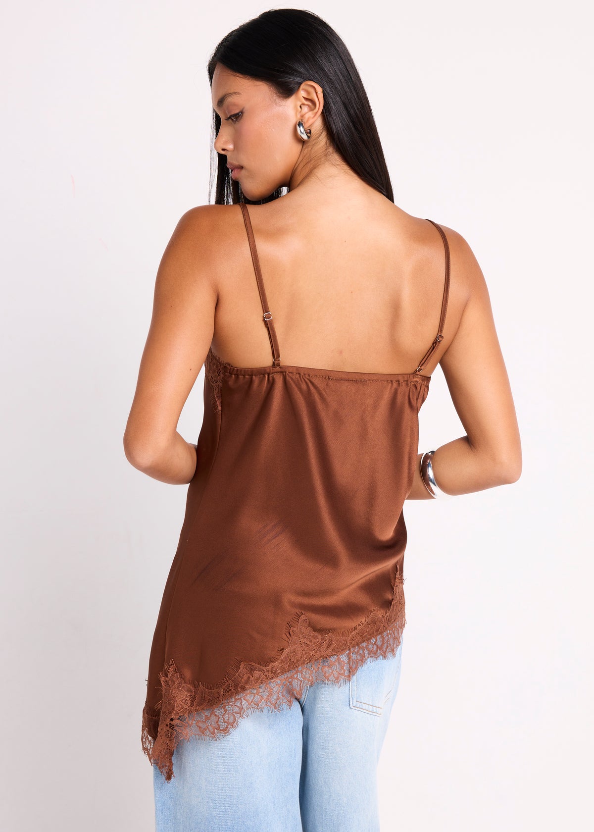 Hollie Asym Hem Lace Satin Cami CHOCOLATE