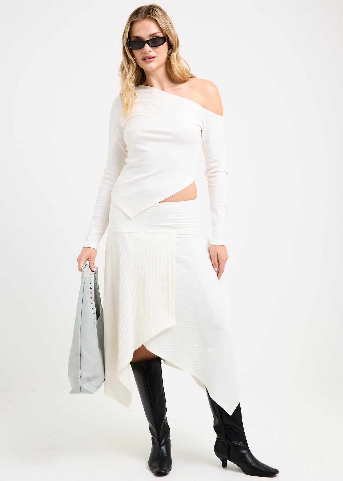 Ashley Ribbed Assymetrical Top WHITE