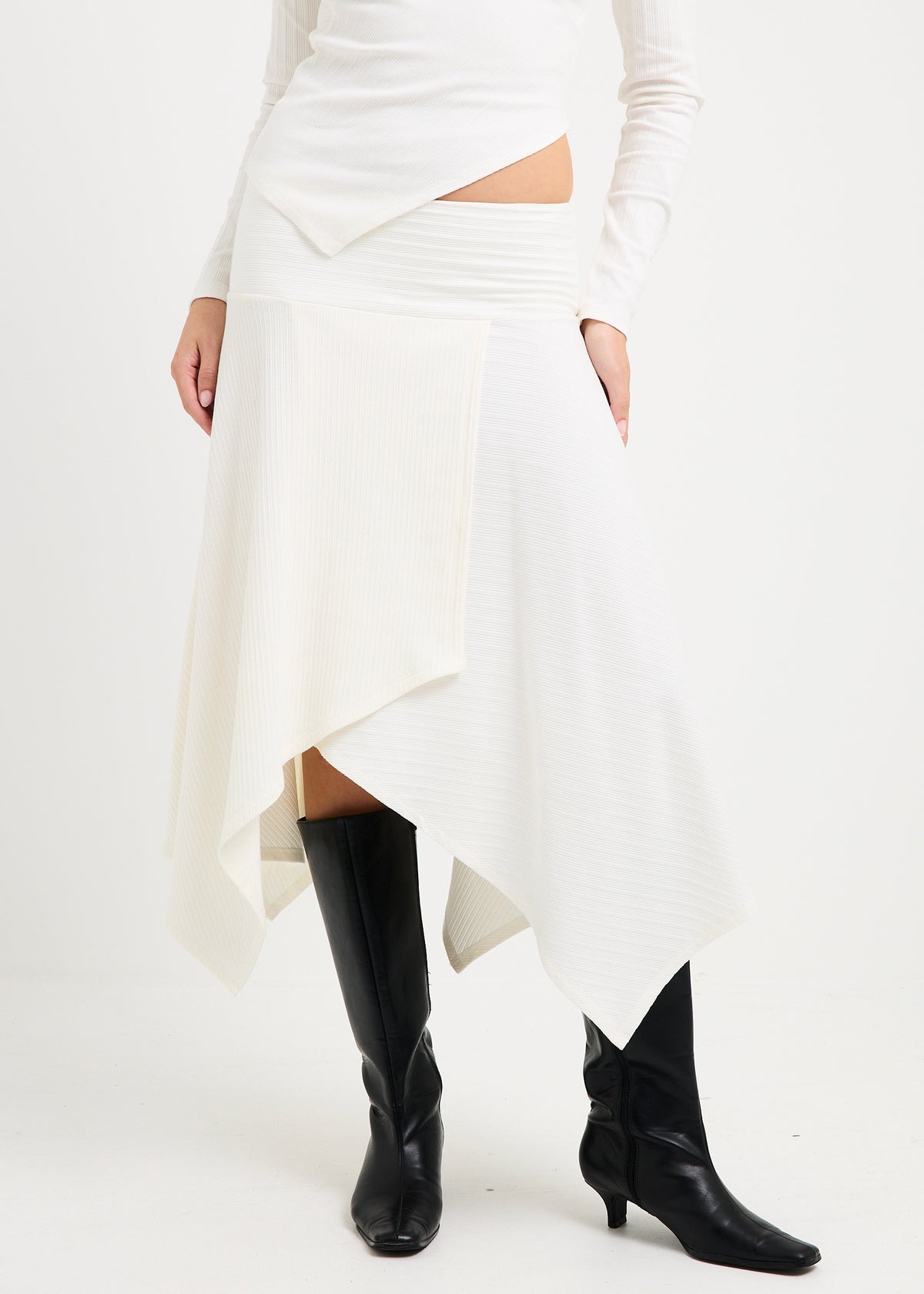 Ashley Ribbed Assymetrical Wrap Midi Skirt WHITE