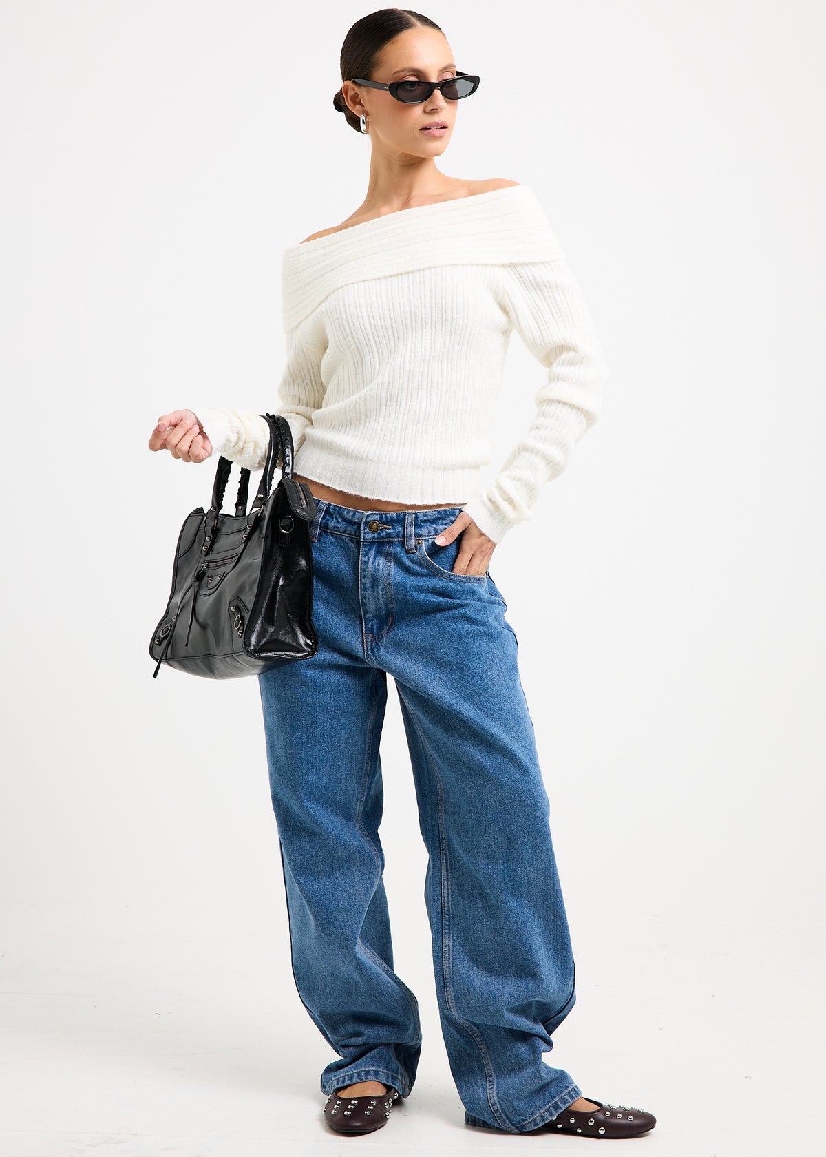Claudia Off Shoulder Rib Knit Top IVORY