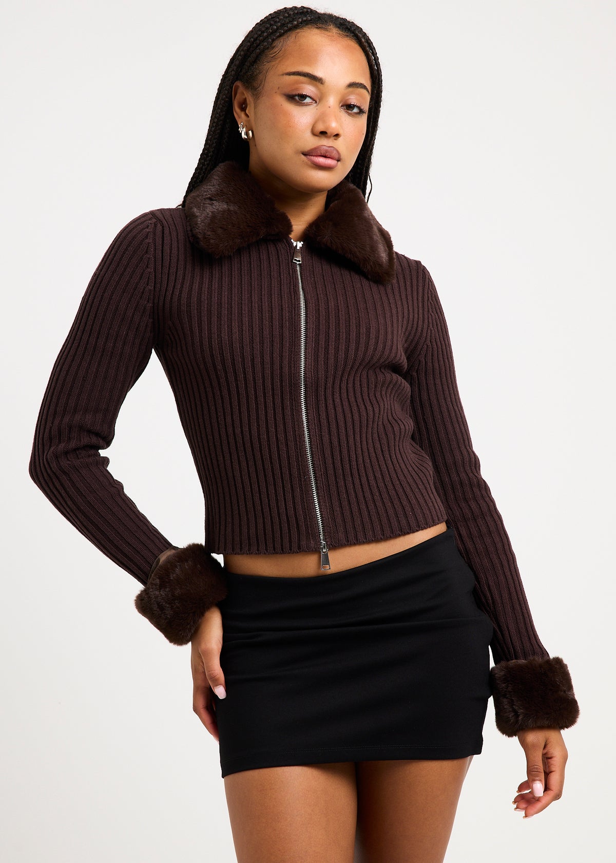 Marguerite Fur Trim Knit Cardi COCOA