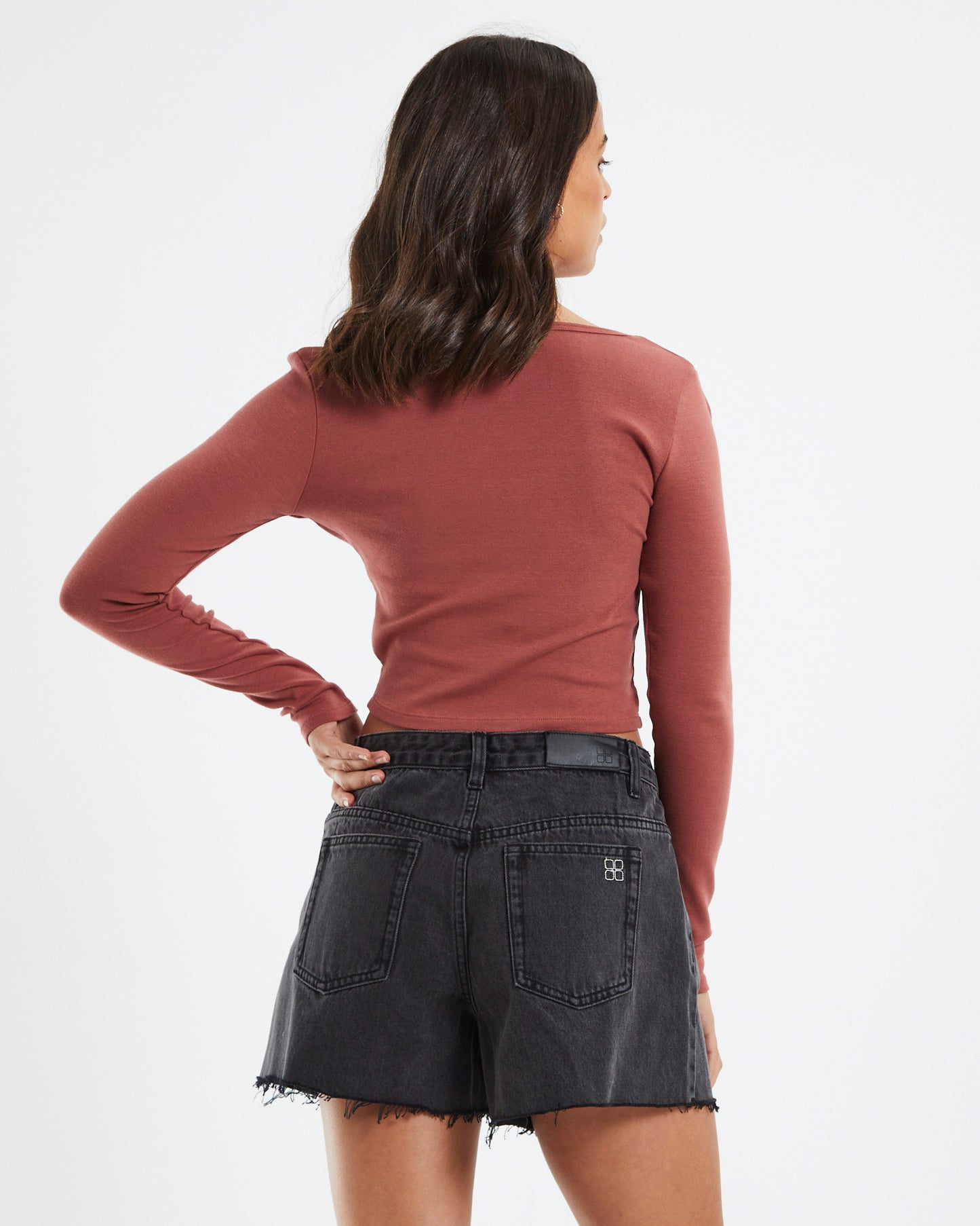 Scoop Neck Long Sleeve Crop Top Brick Red