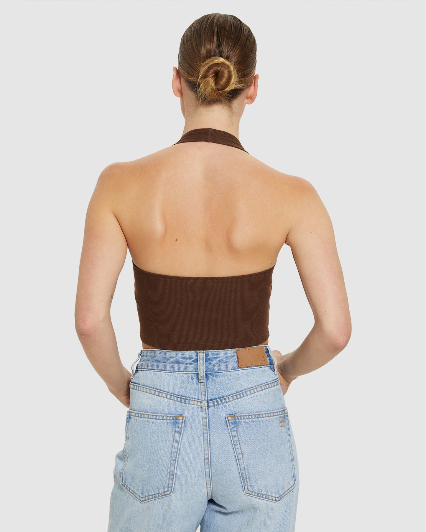 Halter Neck Rib Crop Top Chocolate Brown