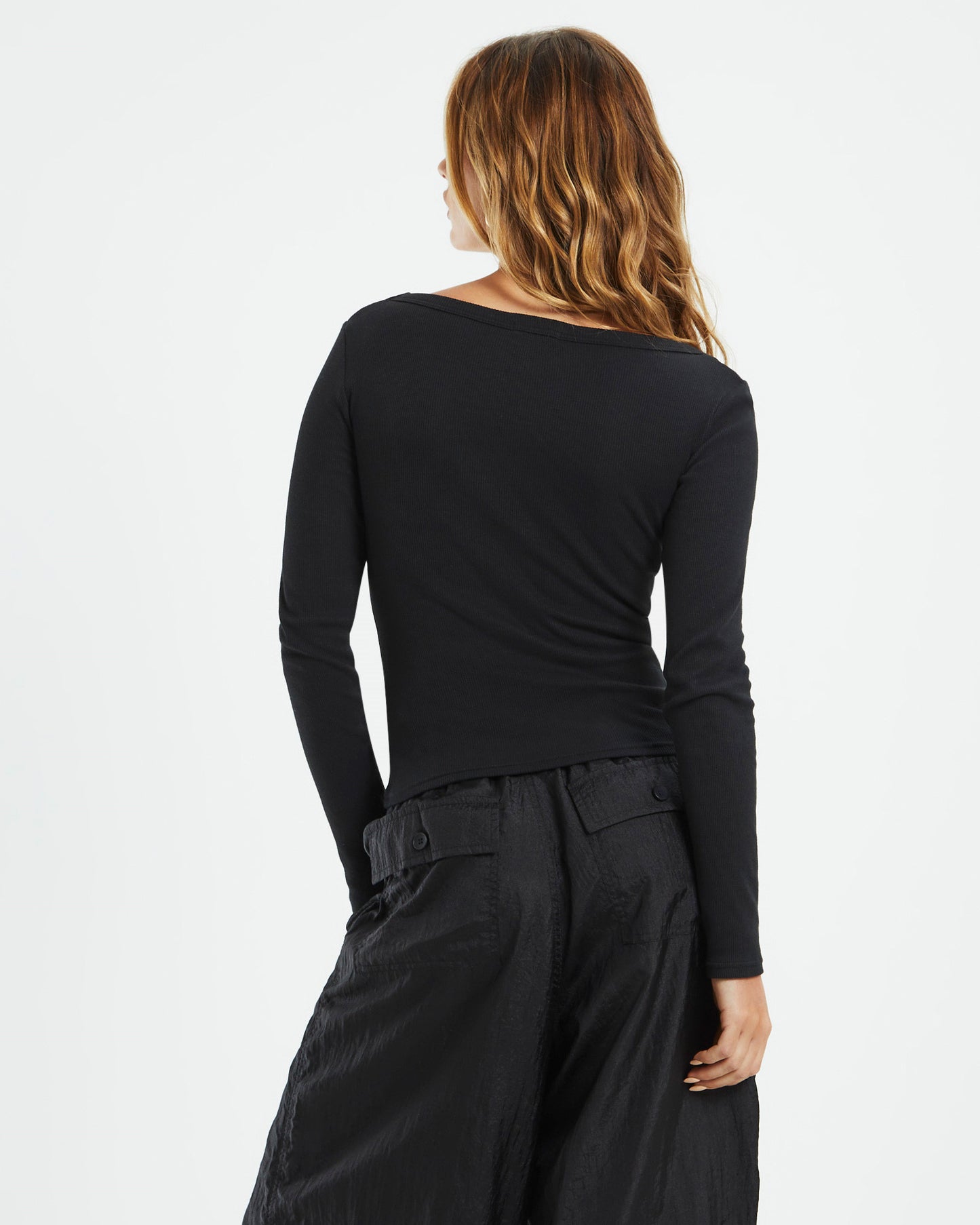 Open Neck Long Sleeve Top Black