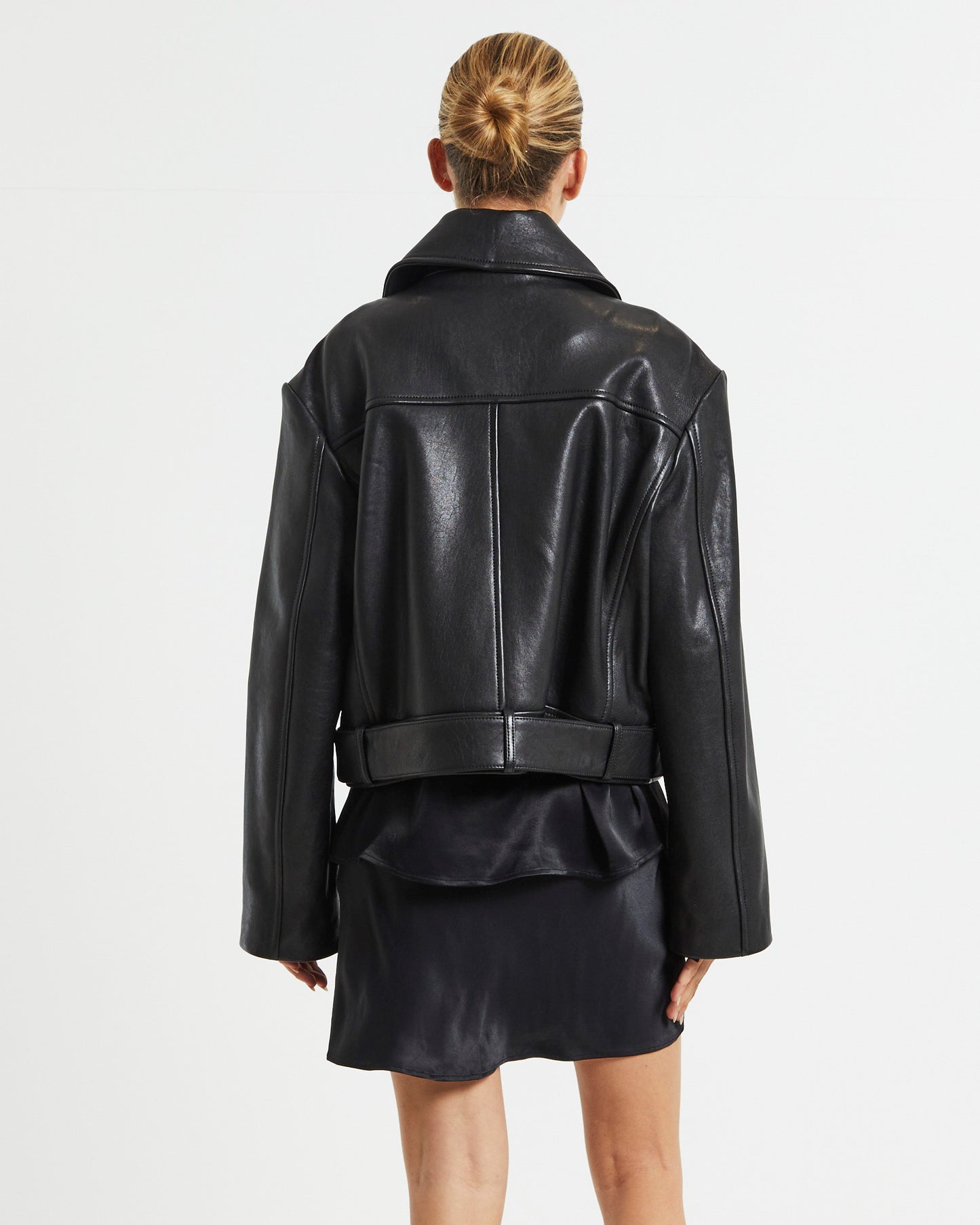Zoe Longline Leather Biker Jacket Black