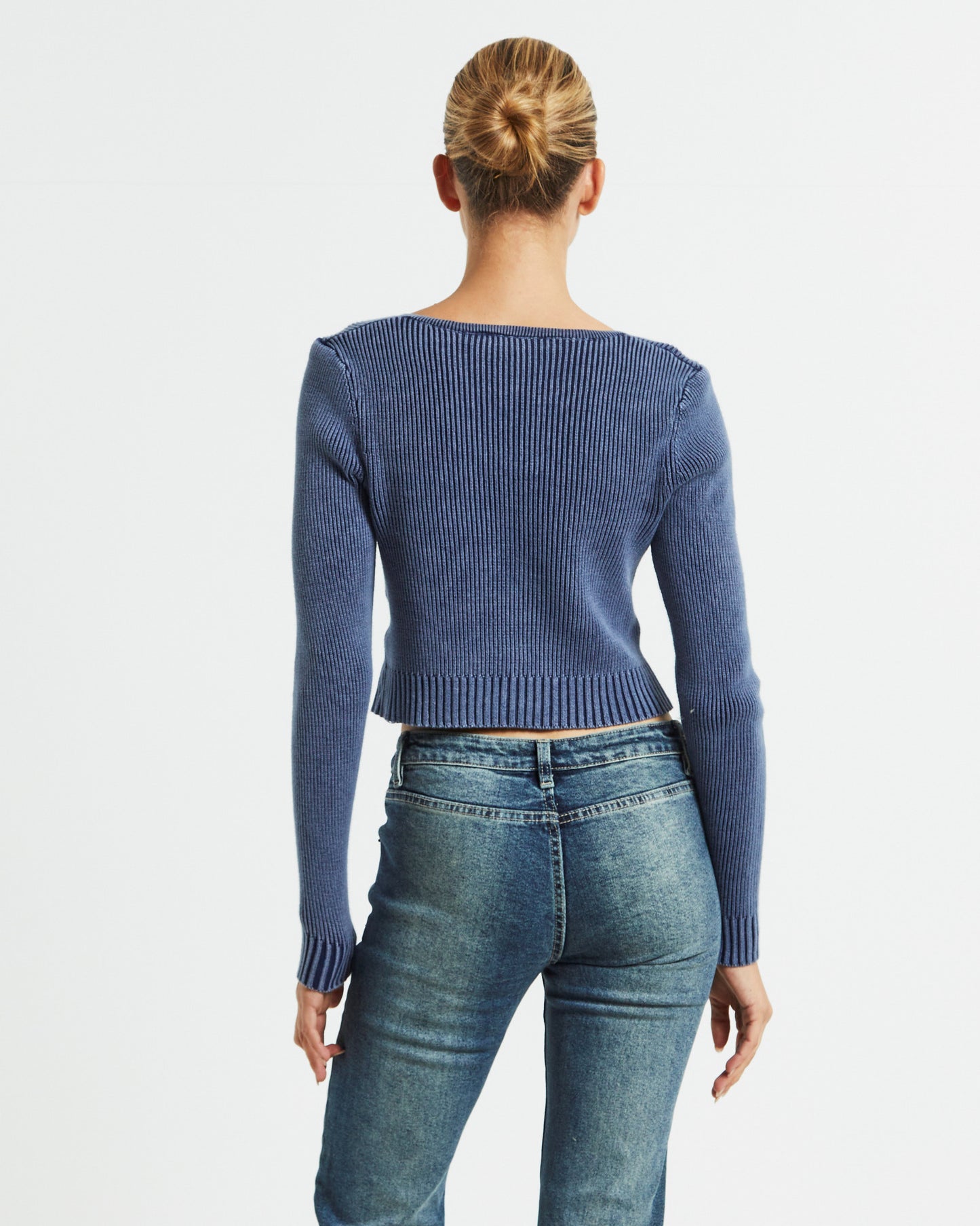 Daija Ribbed Knit Hook Front Long Sleeve Top Ink Blue