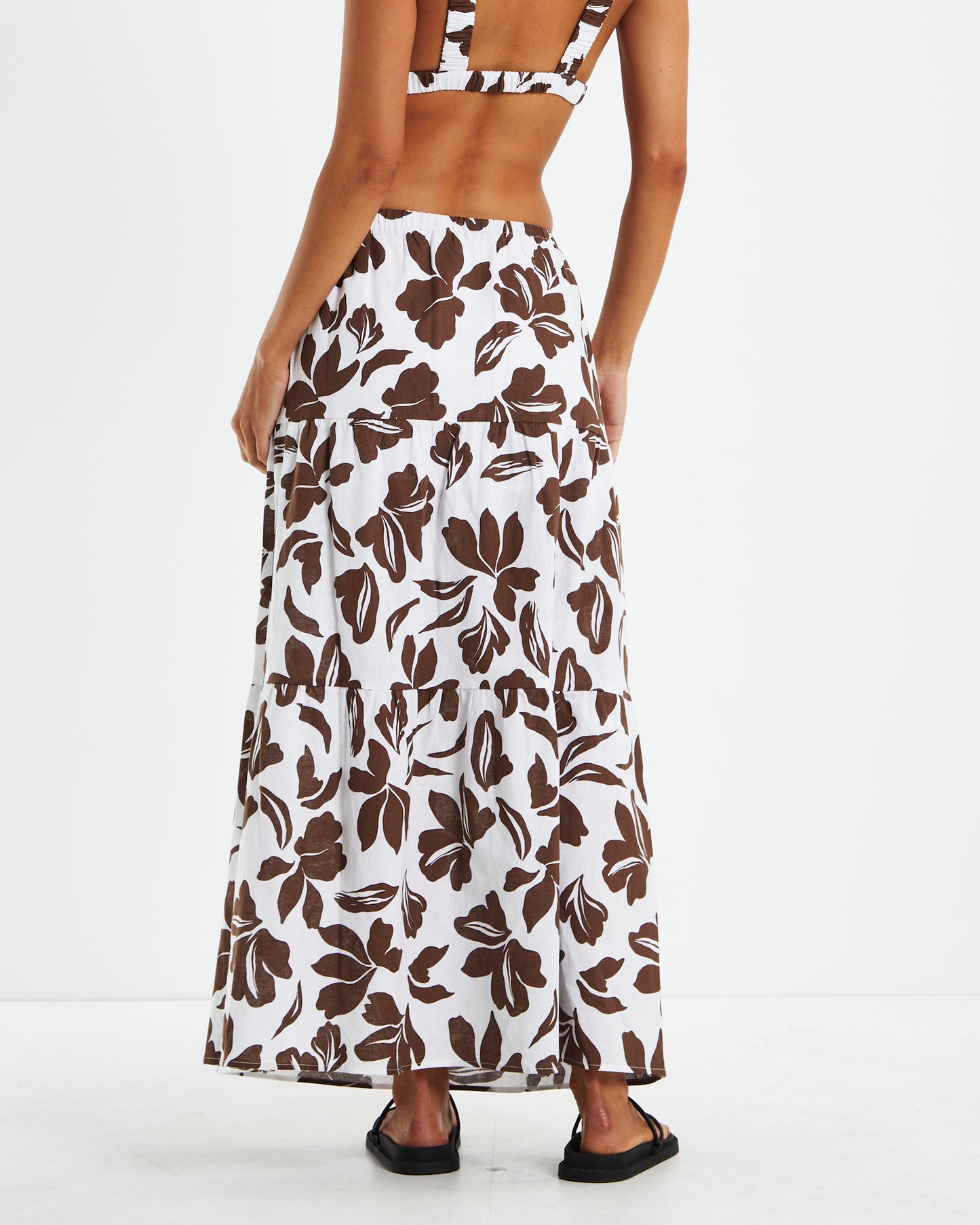 Niah Linen Tiered Midi Skirt Brown/White
