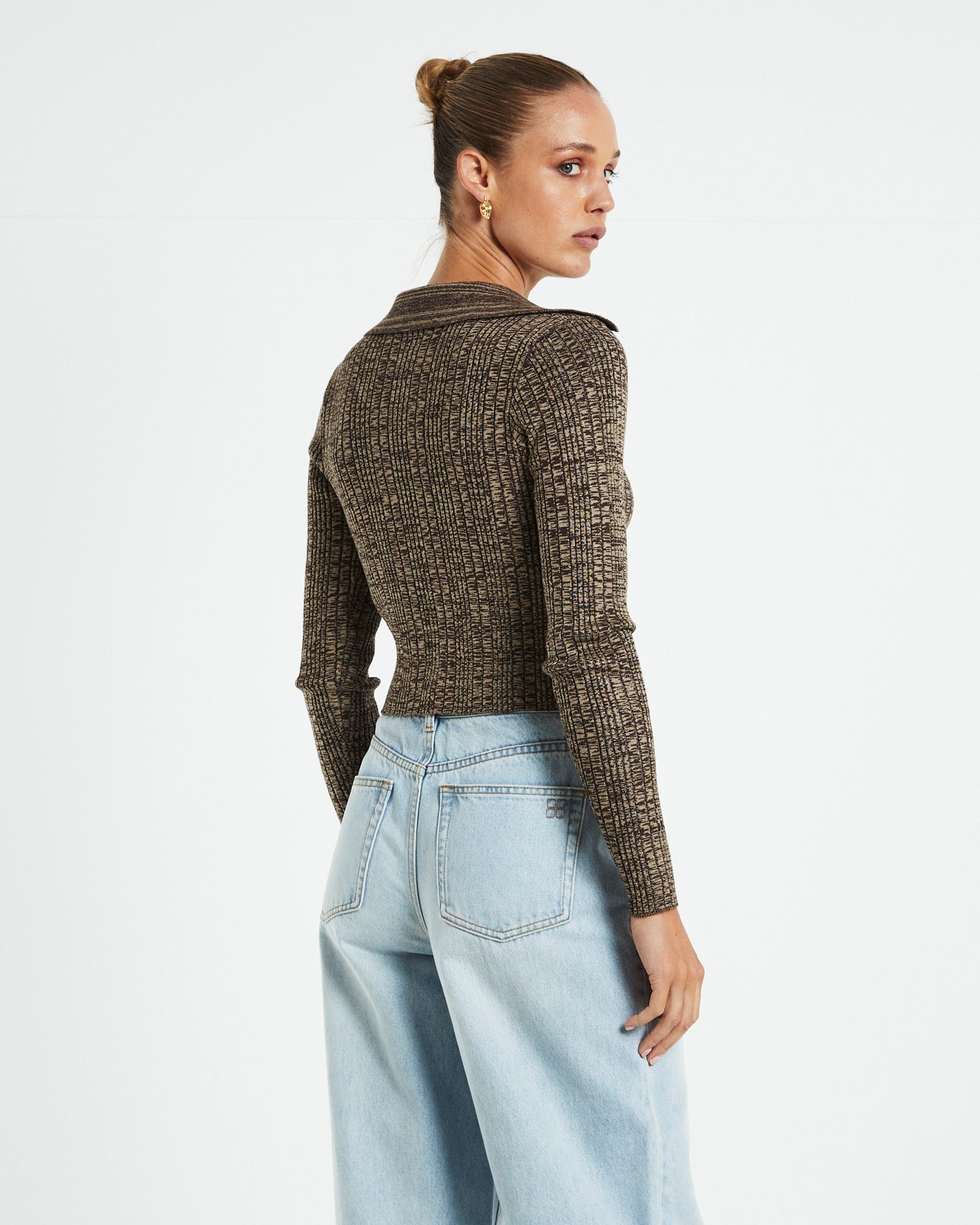 Willow Hook Front Knit Long Sleeve Top Brown