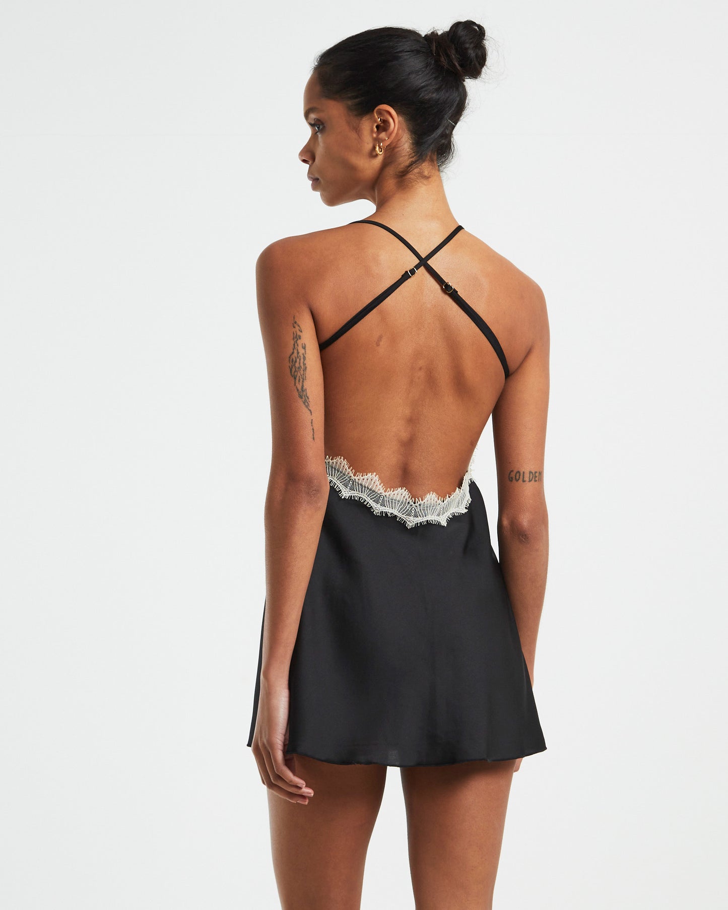 Serena Contrast Lace Cross Back Slip Dress Black/White