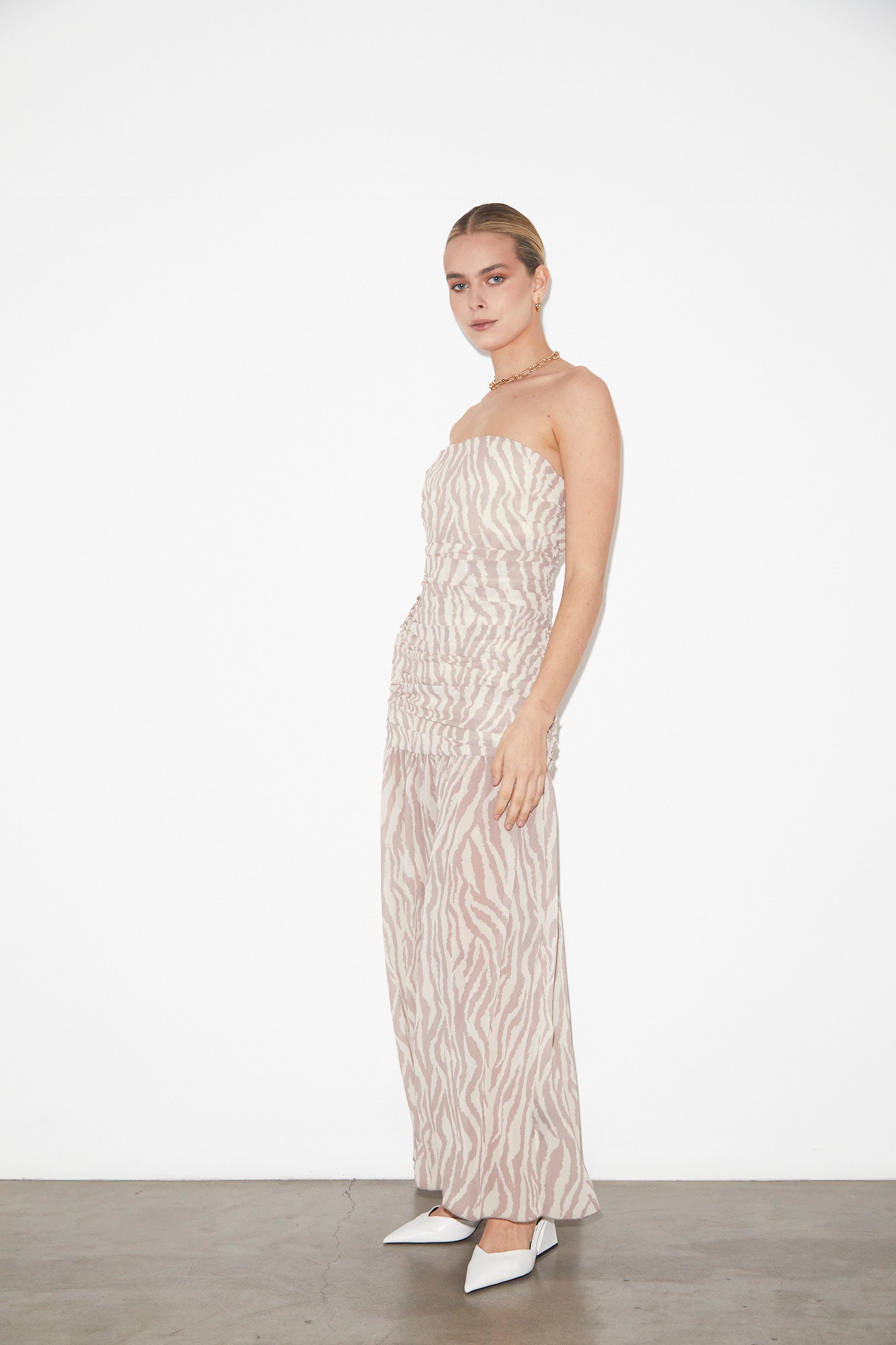 Cassie Ruched Low Strapless Dress in Beige