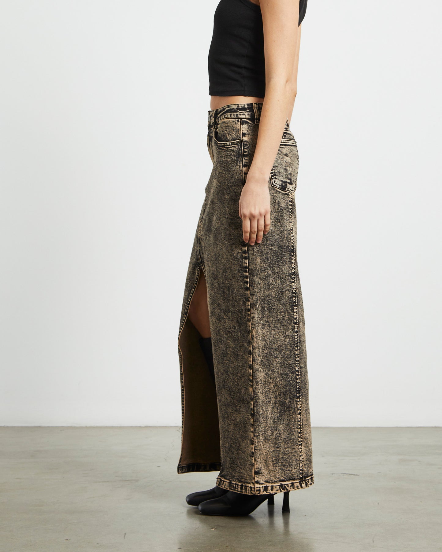 Ines Panel Black Midi Denim Skirt in Vintage Tint