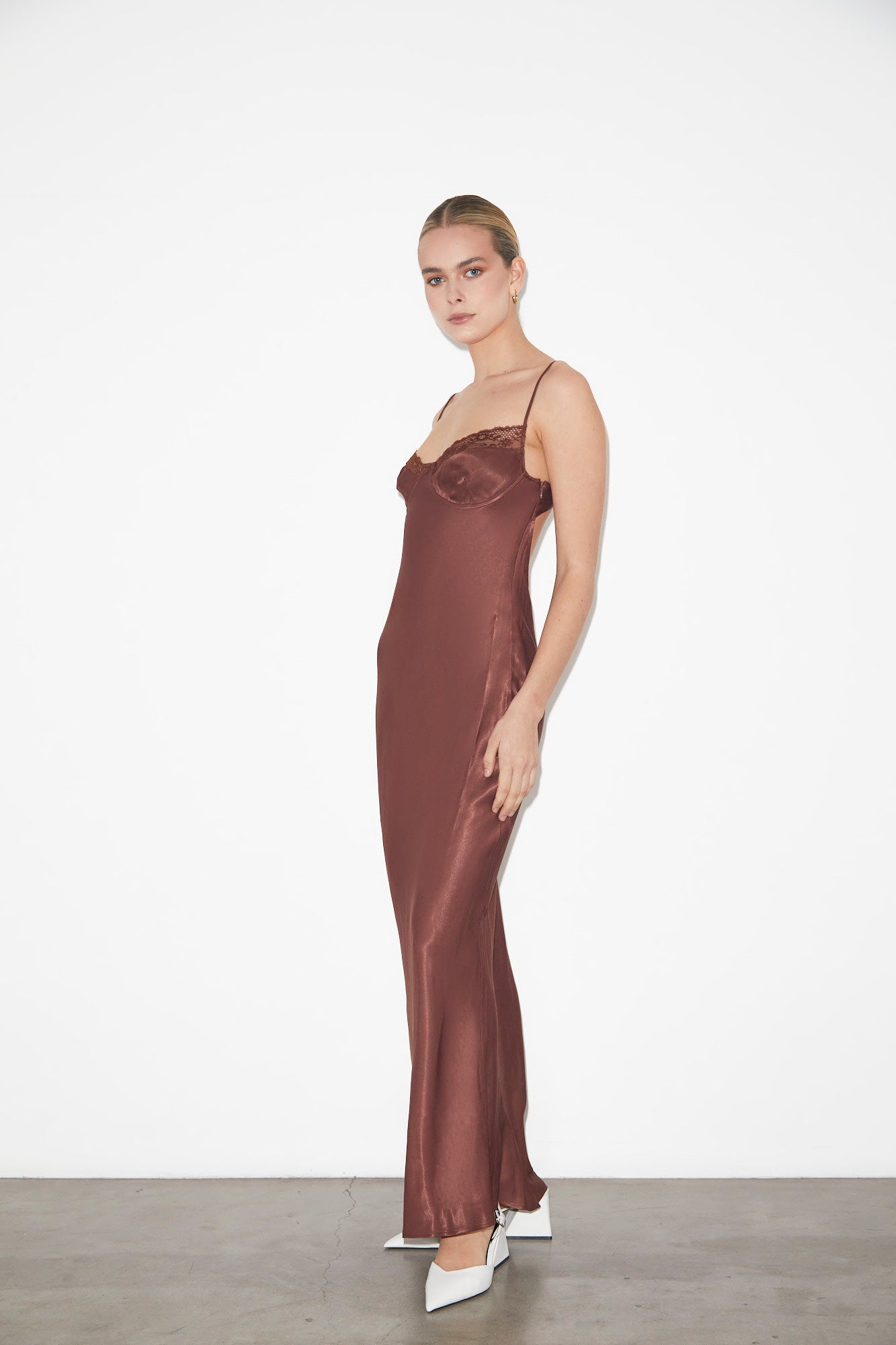 Heidi Lace Underwire Slip Maxi Dress in Chocolate Brown