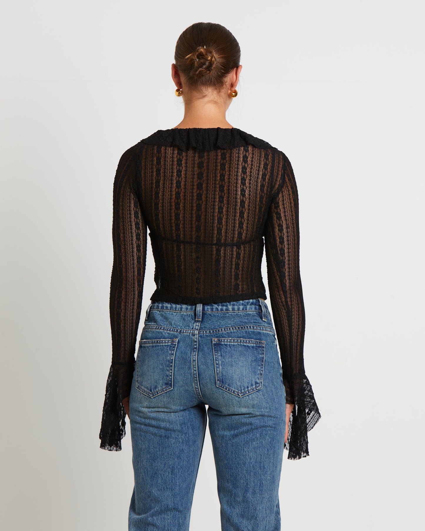 Janie Fairy Core Lace Plunge Shirt in Black