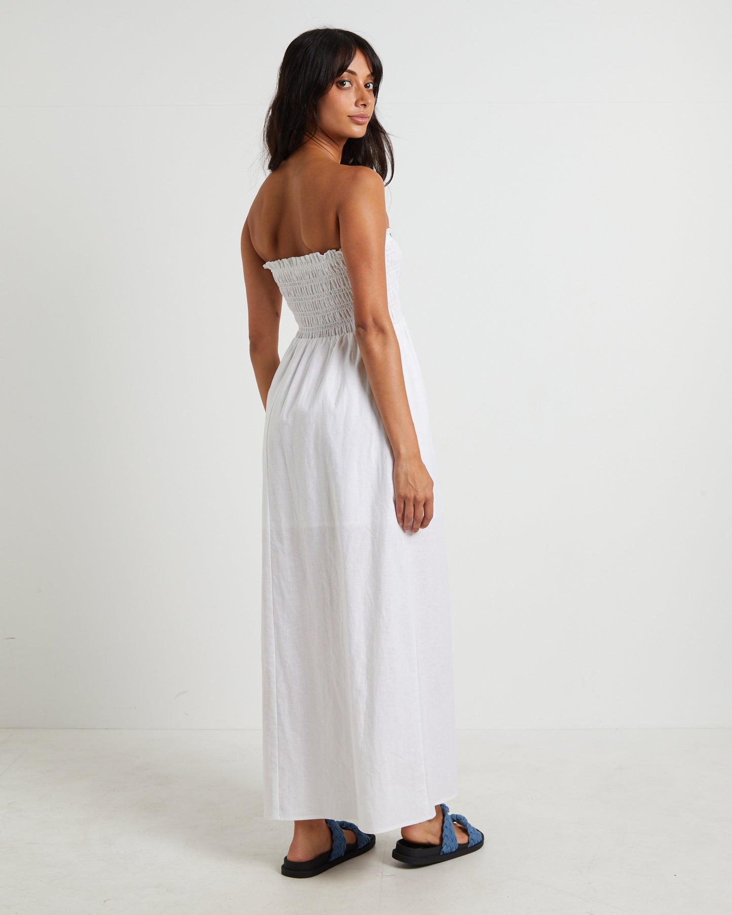 Esme Shirred Bandeau Maxi Dress in White