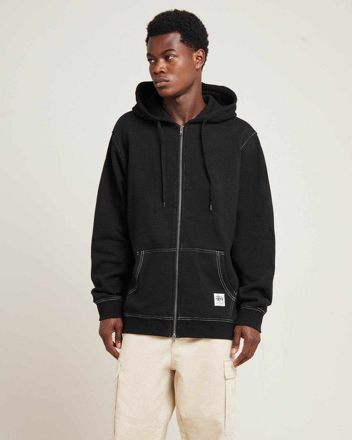 Double Face Label Zip Hoodie Black BLACK