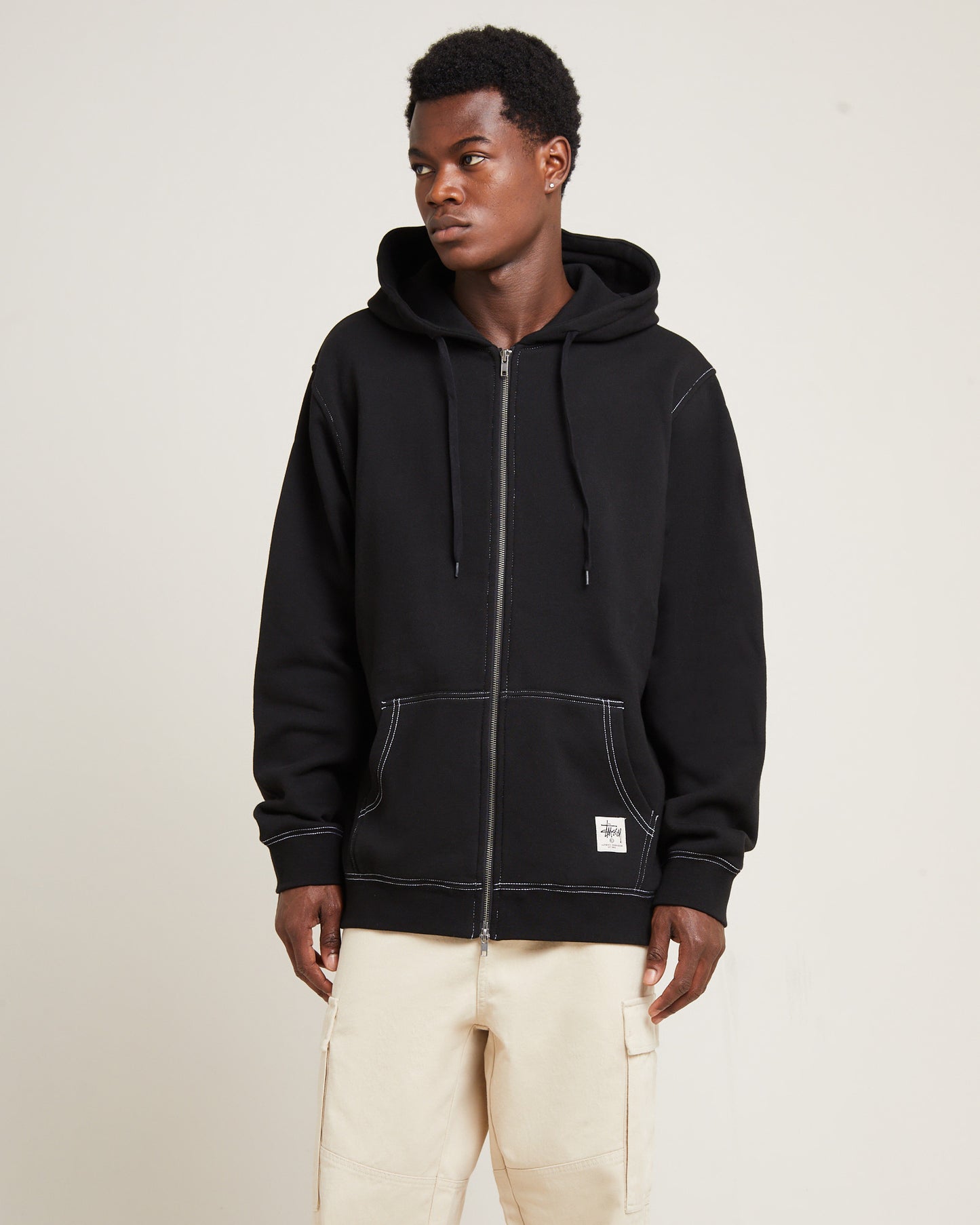 Double Face Label Zip Hoodie Black