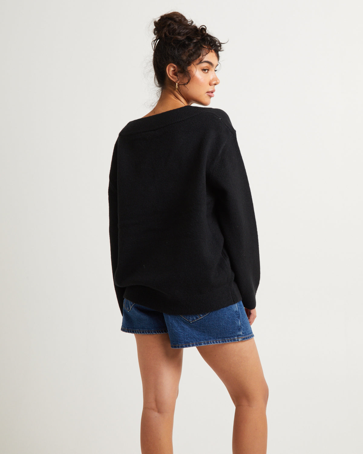 Deep V Neck Slouchy Jumper BLACK