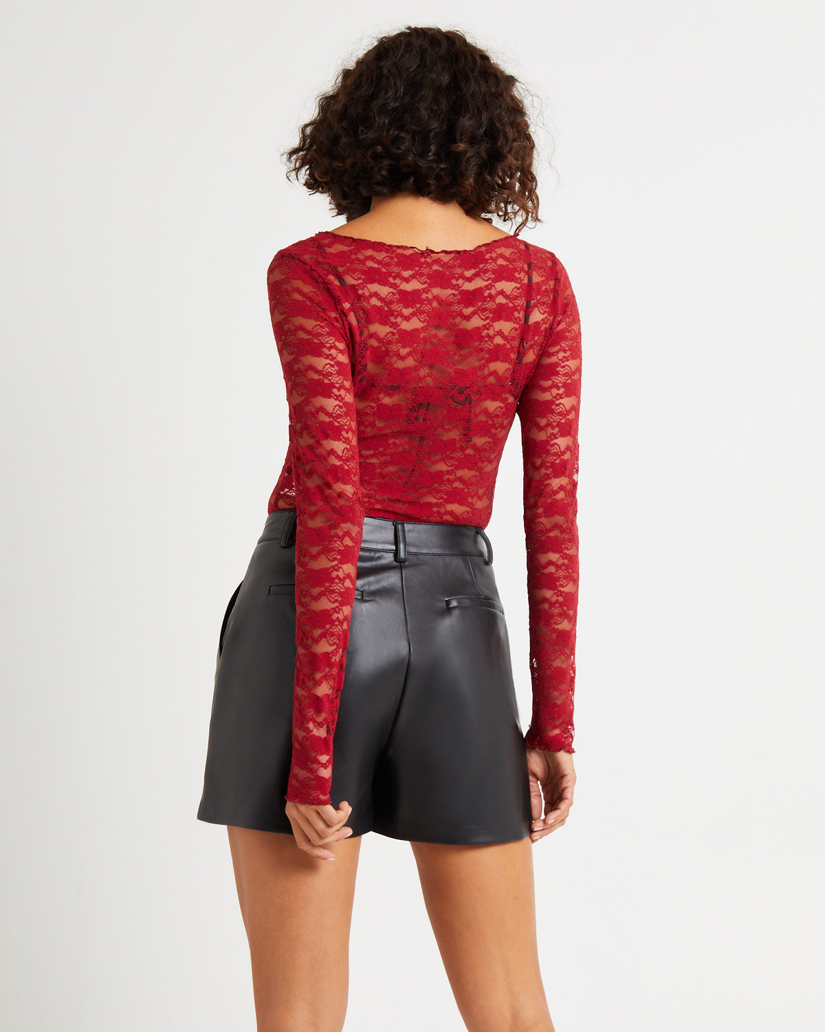 Leah Sheer Long Sleeve Lace Top CHERRY