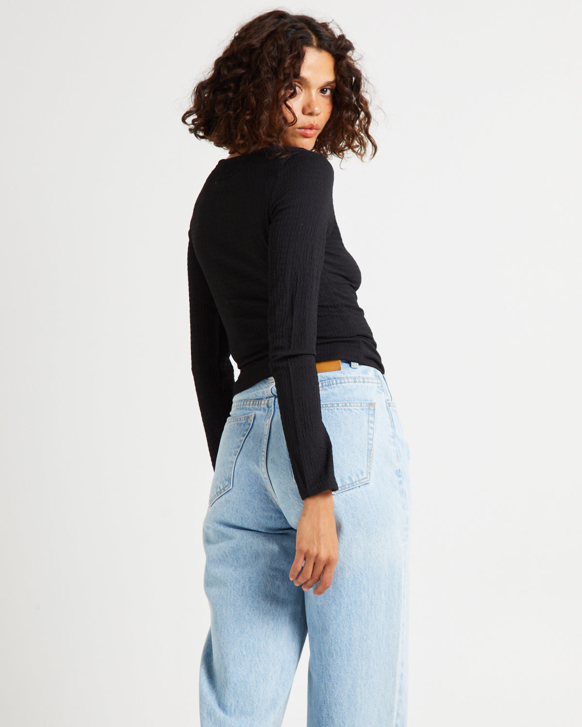 Crinkle Long Sleeve Top Black BLACK