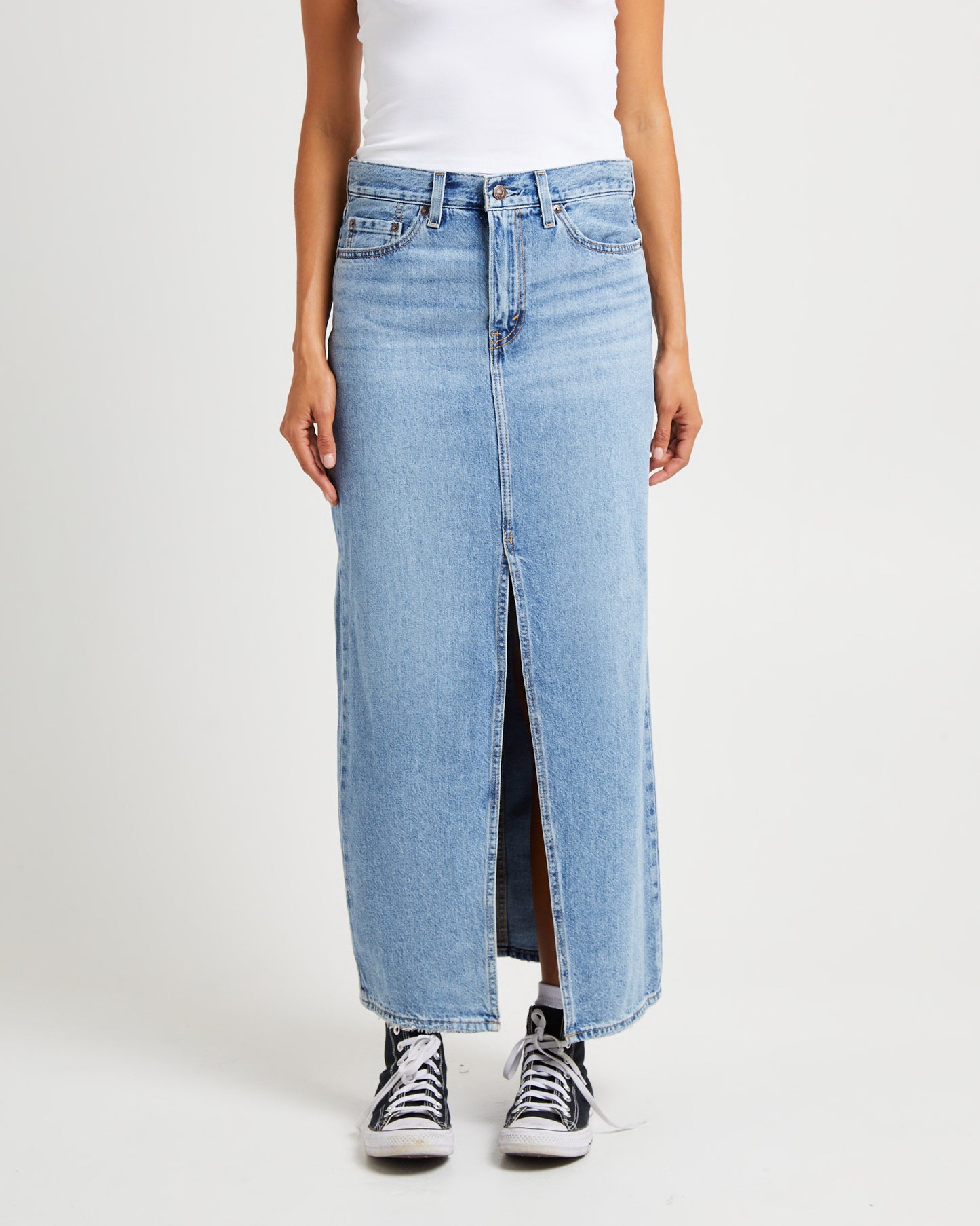 Ankle Column Denim Maxi Skirt Please Hold