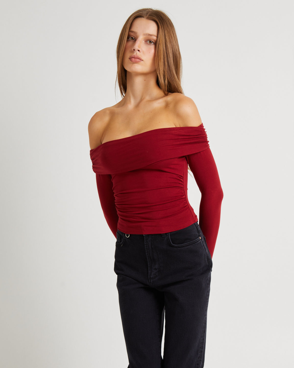 Kia Cold Shoulder Ruch Top CHERRY